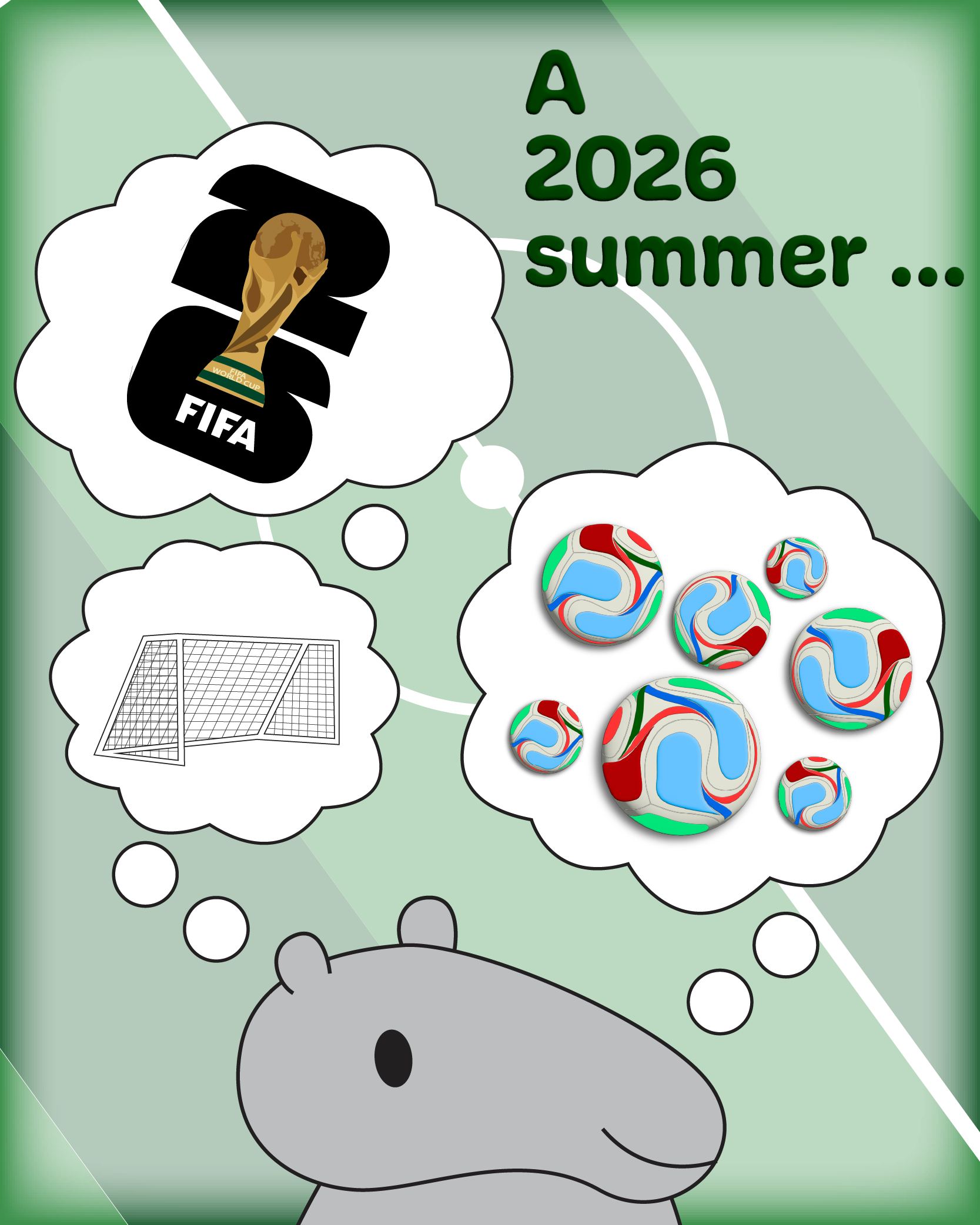 A comic featuring an anteater thinking about the World Cup. There's one though bubble with a soccer goal, another full of soccer balls and one with the FIFA 2026 logo. The background is of a soccer field and the comic is captioned 