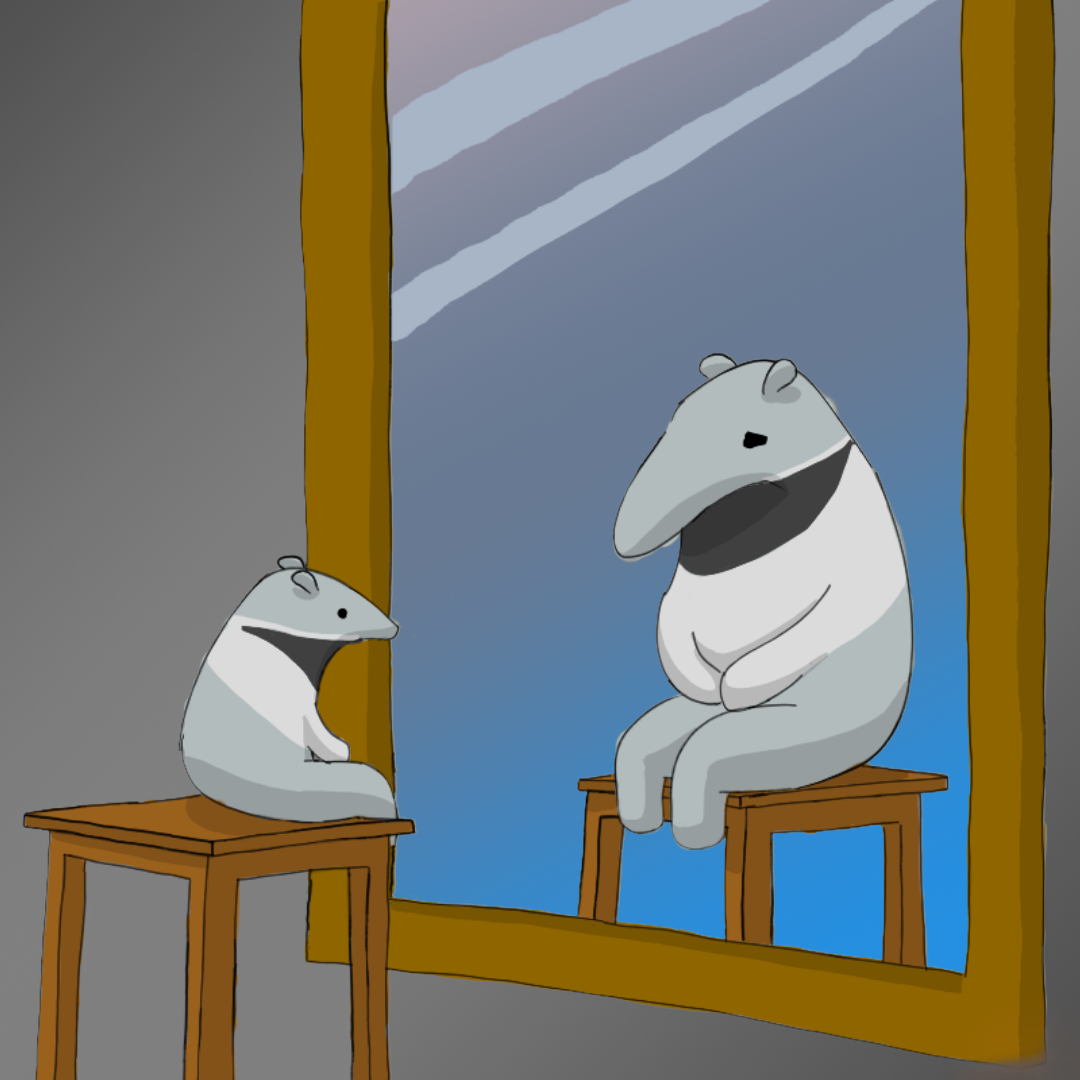 A small, young anteater sits on a four-legged stool, staring into a mirror. In the mirror is a reflection of a grown-up version of the anteater, sitting on the same stool with a furrowed brow.