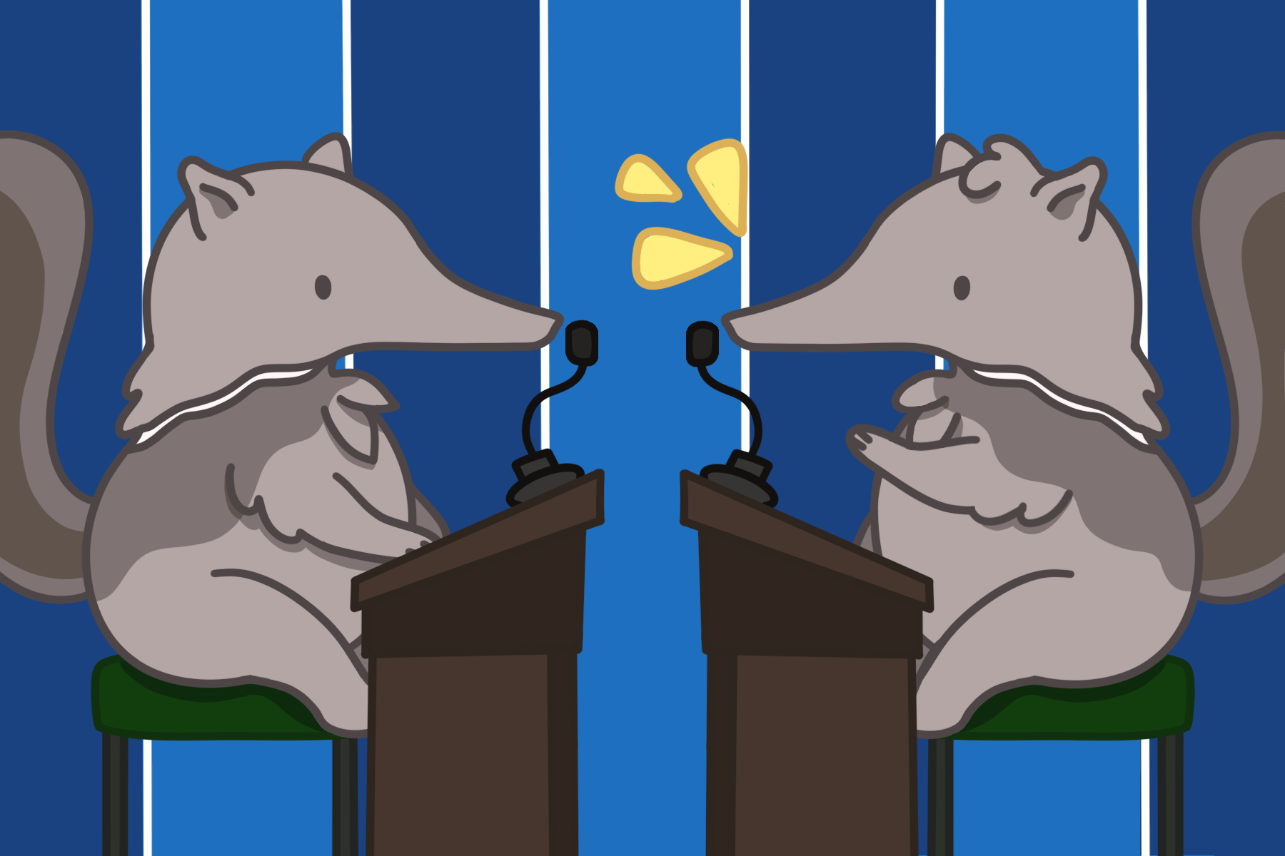 Two anteaters sit on green stools behind brown wooden podiums with microphones, facing each other during a debate. The anteater on the right is speaking, as indicated by the yellow triangle shaped speech symbols beside them. They are positioned in front of a blue wall with alternating dark and light blue vertical stripes.