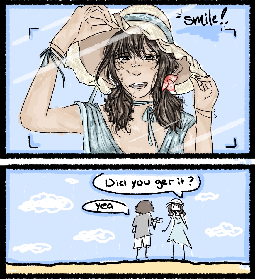 In the first panel, there is a smiling girl with short dark brown pigtails flowing with the wind. She has bangs that come close to her light brown eyes with a light red flower clip on the right pigtail. She is holding a light brown sunhat with a blue ribbon wrapped around it posing for a photo. She has a light blue dress on with light blue ribbons tied around her left wrist and neck. It's a sunny day with a light blue background. In the second panel, there are two stick figures, the girl from the first panel asking if her friend if they got the photo, and him responding with a simple 