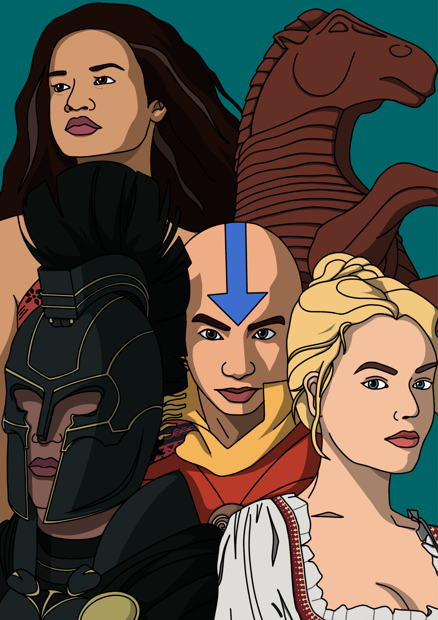 Five overlapping figures from Hollywood adaptations are seen in this cartoon illustration on a teal background. Moana, who has long dark hair and is staring off into the distant, stands in the upper left corner. From Avatar: The Last Airbender, Aang is in the center of the image. He is dressed in a red and yellow robe and has a blue arrow tattoo on his bald head. A Trojan Horse from The Odyssey stands behind him to the right. Agamemnon can be seen in the lower left, his face partially hidden by a black warrior helmet with gold trimmings. He is dressed in matching black and gold armor. Catherine from Wuthering Heights is shown in the lower right corner, wearing a white frock with a red corset and her blonde hair is styled in an updo.