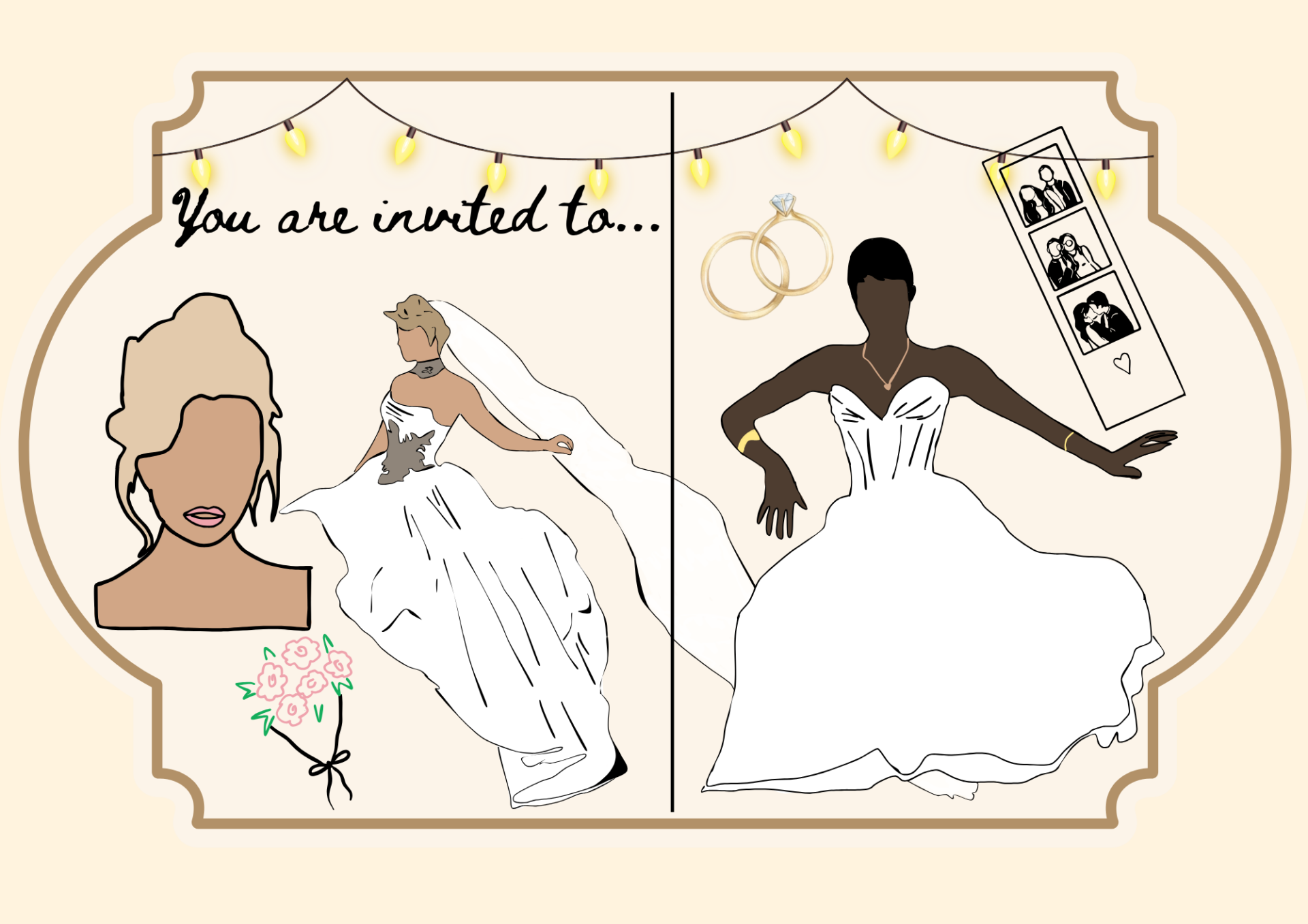 The image mimics a wedding invitation with a cream background, a tan stylized border and the words 