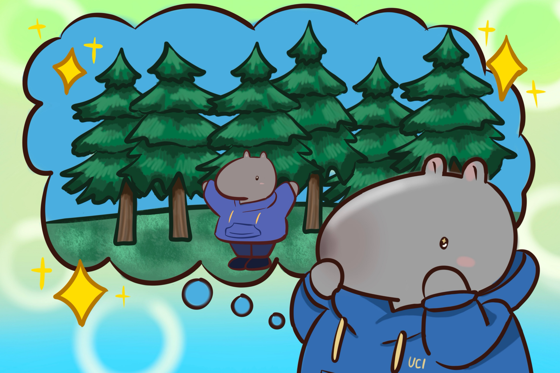 Anteater imagines another anteater standing below giant redwood trees.