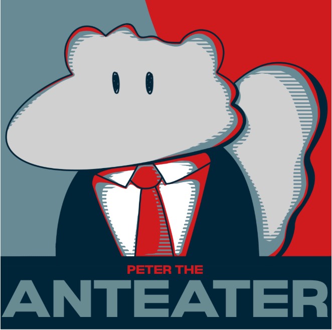 Graphic of an anteater wearing a suit and tie with the words “Peter the Anteater”