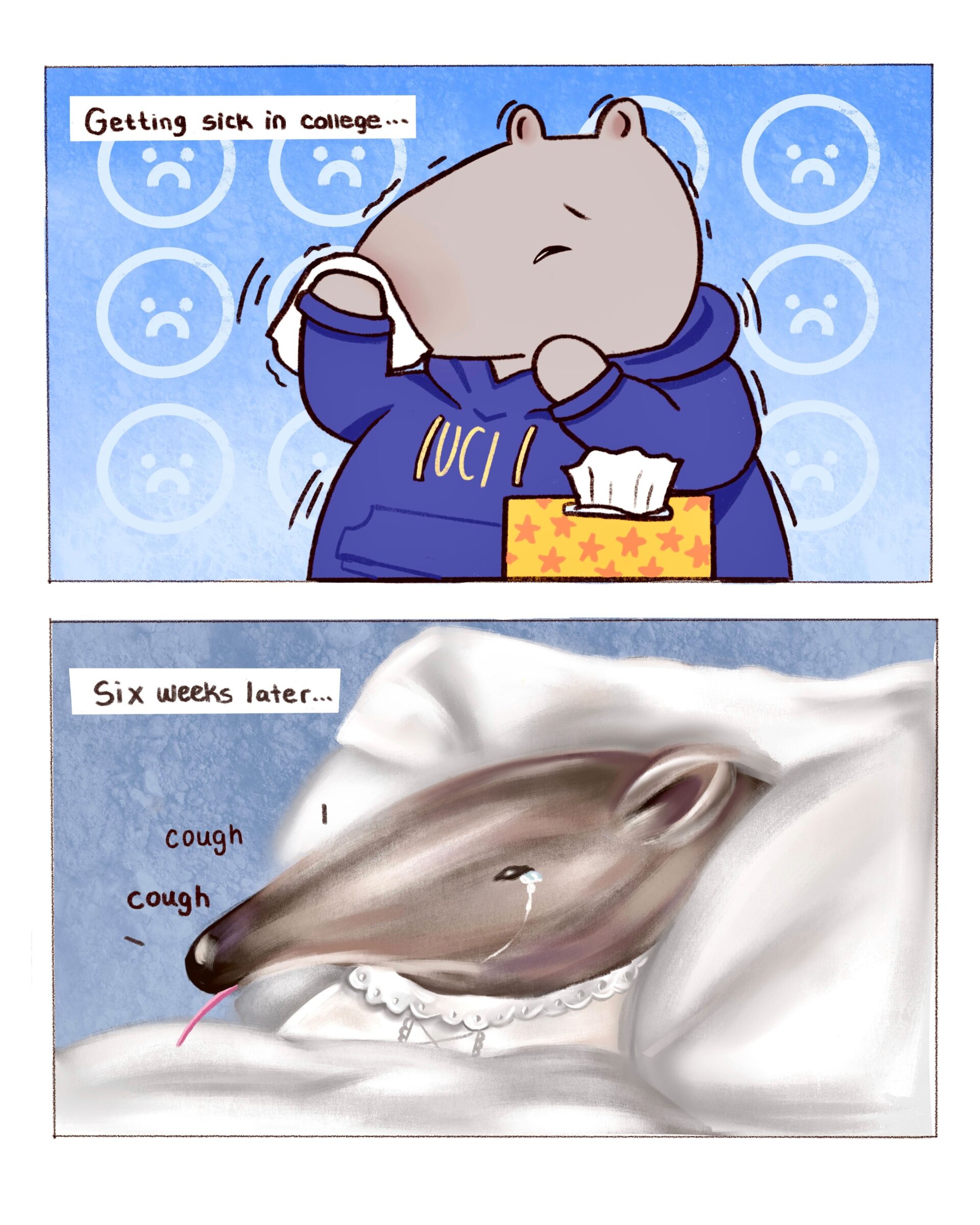 A two-panel comic features Peter the Anteater. In the first panel, Peter sneezes into a tissue while wearing a blue UCI hoodie with a box of tissues nearby. In the second panel, labeled 