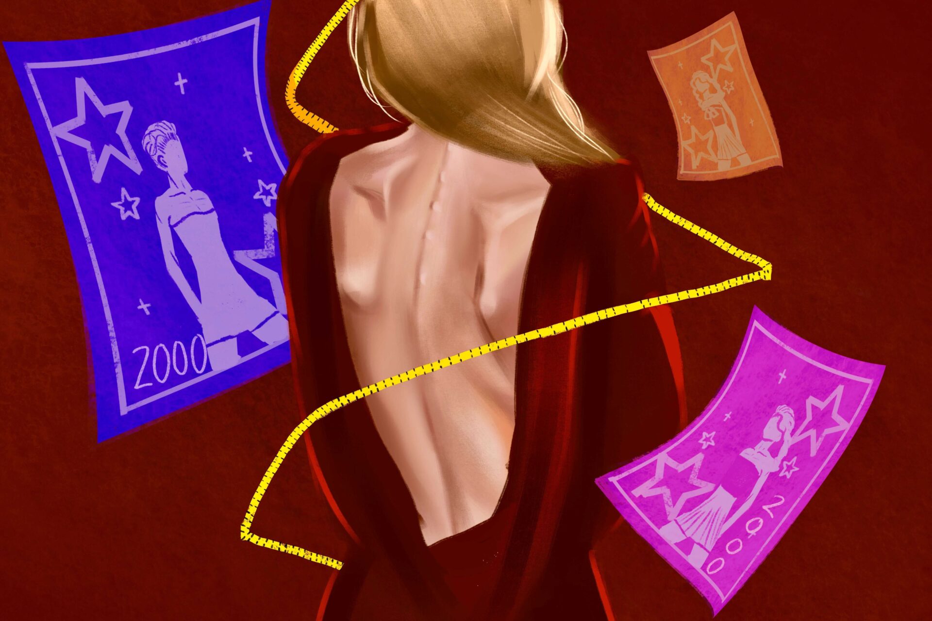 A blonde woman stands with her back to the camera and her arms wrapped around herself. She is wearing a red dress with an open back and her bones are clearly visible. A yellow measuring tape spirals around her body, while colorful posters of thin models float through the air around her head.