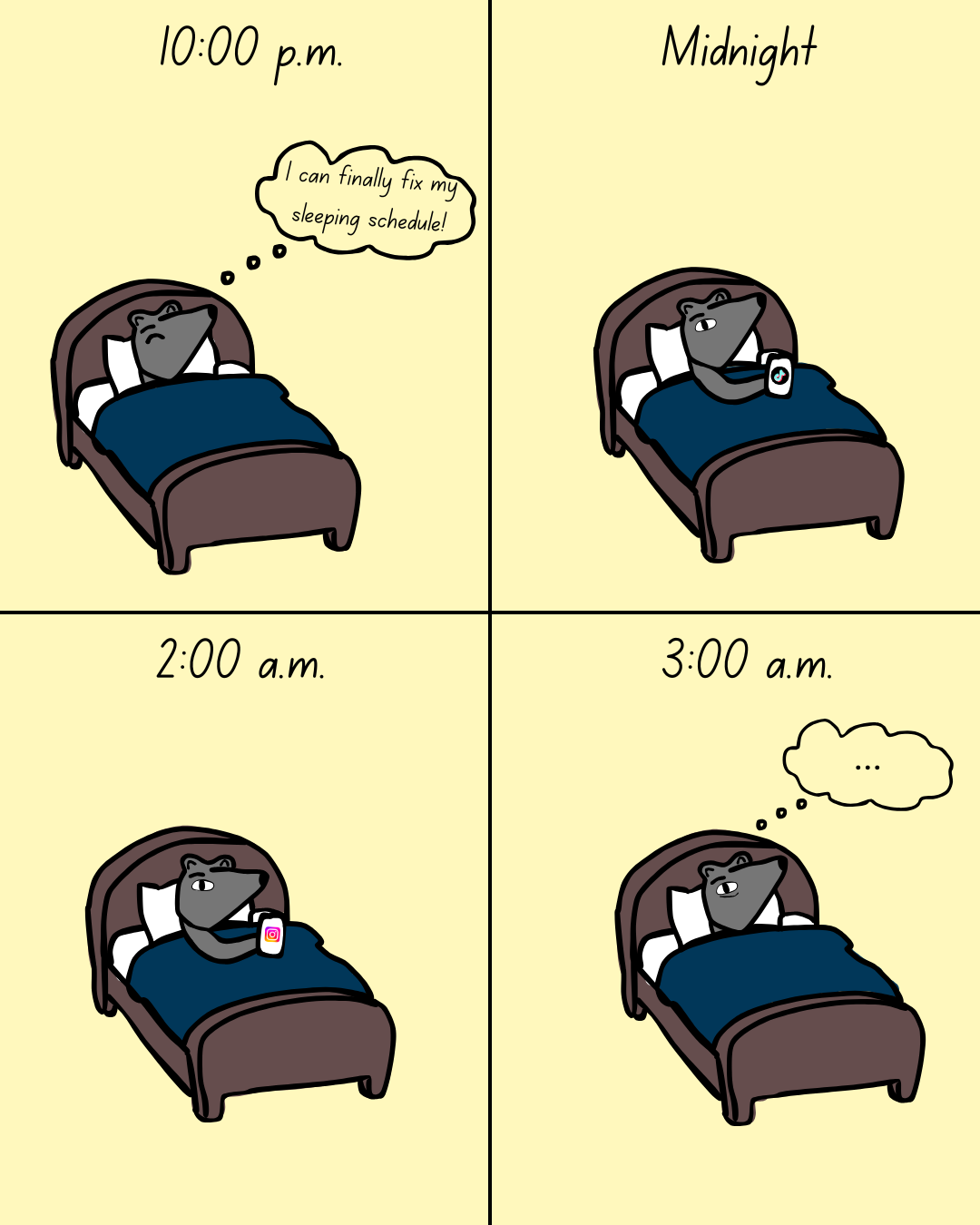The graphic includes an anteater in bed at different times of the night. In the first box, they're closing their eyes and trying to sleep. In the next, they have a phone open on TikTok, then Instagram, and in the last box they have eye bags and are still awake at 3 a.m..