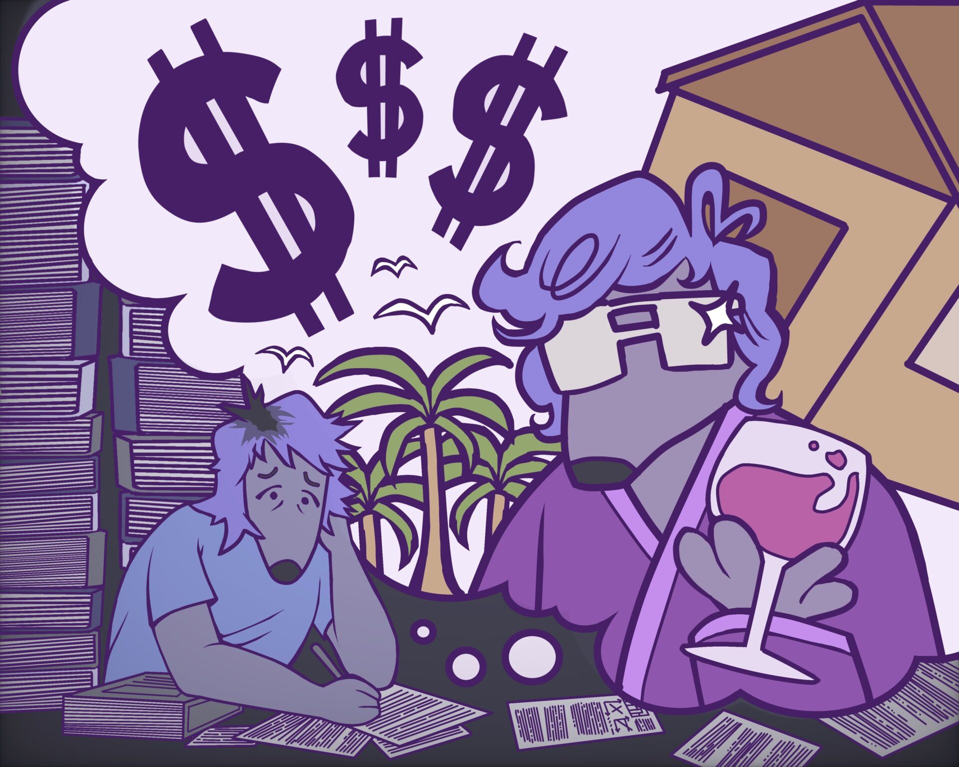 An anthropomorphic anteater studies thick textbooks and math papers against a dark purple background. In a thought bubble, he see himself sipping wine in a robe while surrounded by a house, palm trees and dollar signs.
