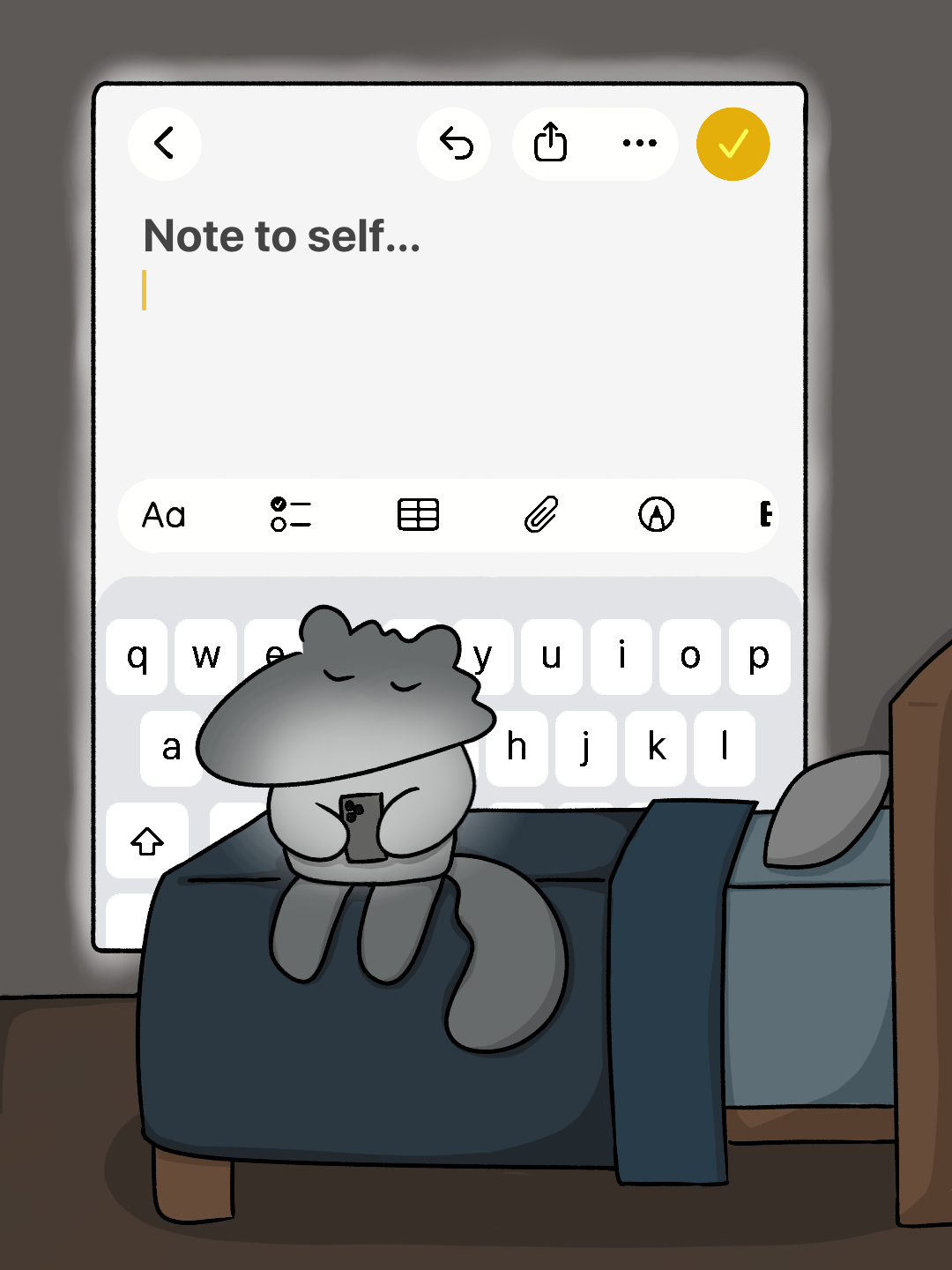 A cartoon, anthropomorphic anteater sits on his bed, staring into a phone as it reflects a glow on his face. Behind the anteater is a screenshot of the Apple Notes app. The note is titled 