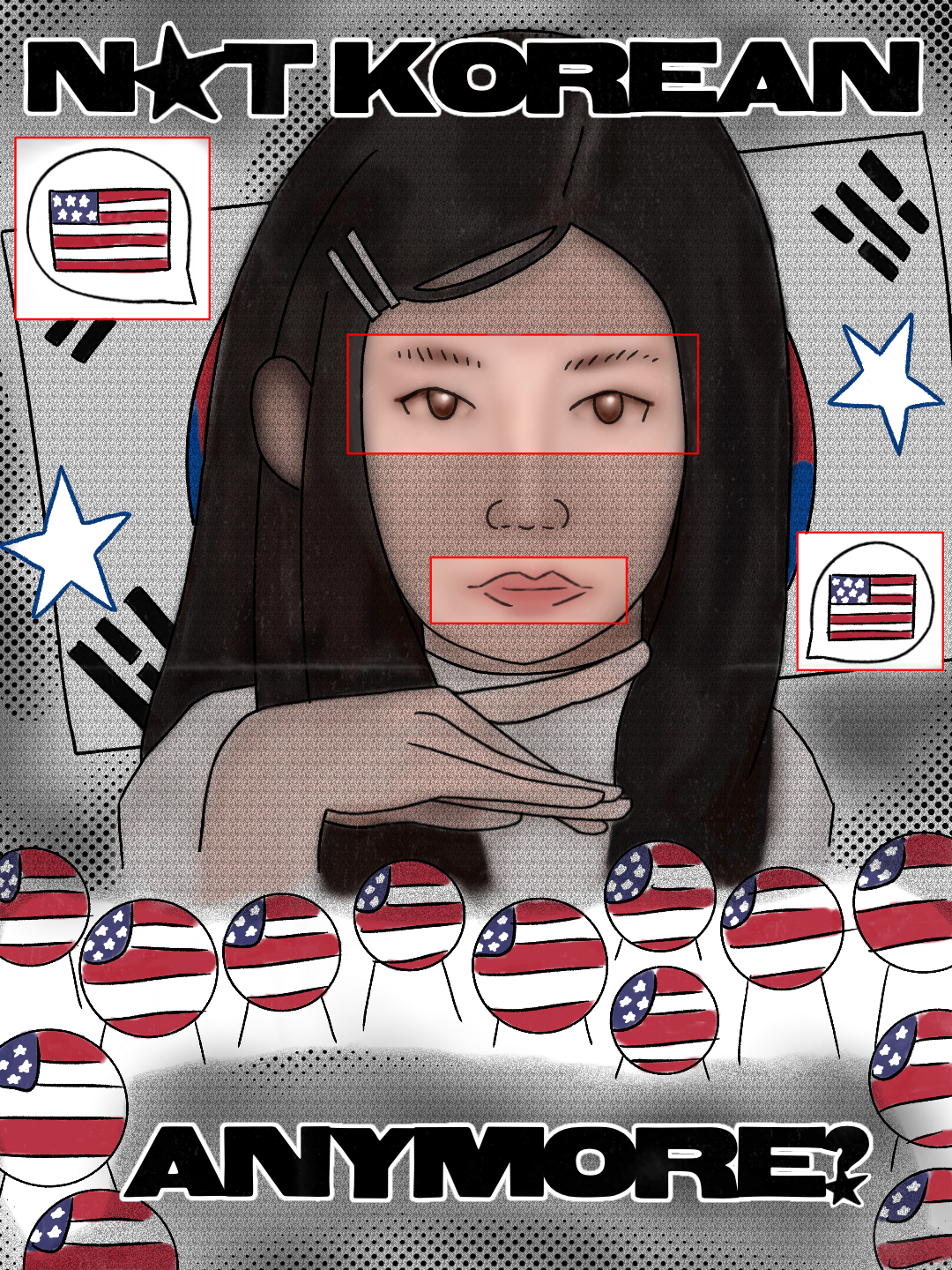 A Korean music idol sits in front of the Korean flag. Her face is mostly covered by a gray film, but small boxes of color highlight her eyes and lips. In other boxes are depictions of the American flag and faceless American viewers. The text that overlays the image reads 