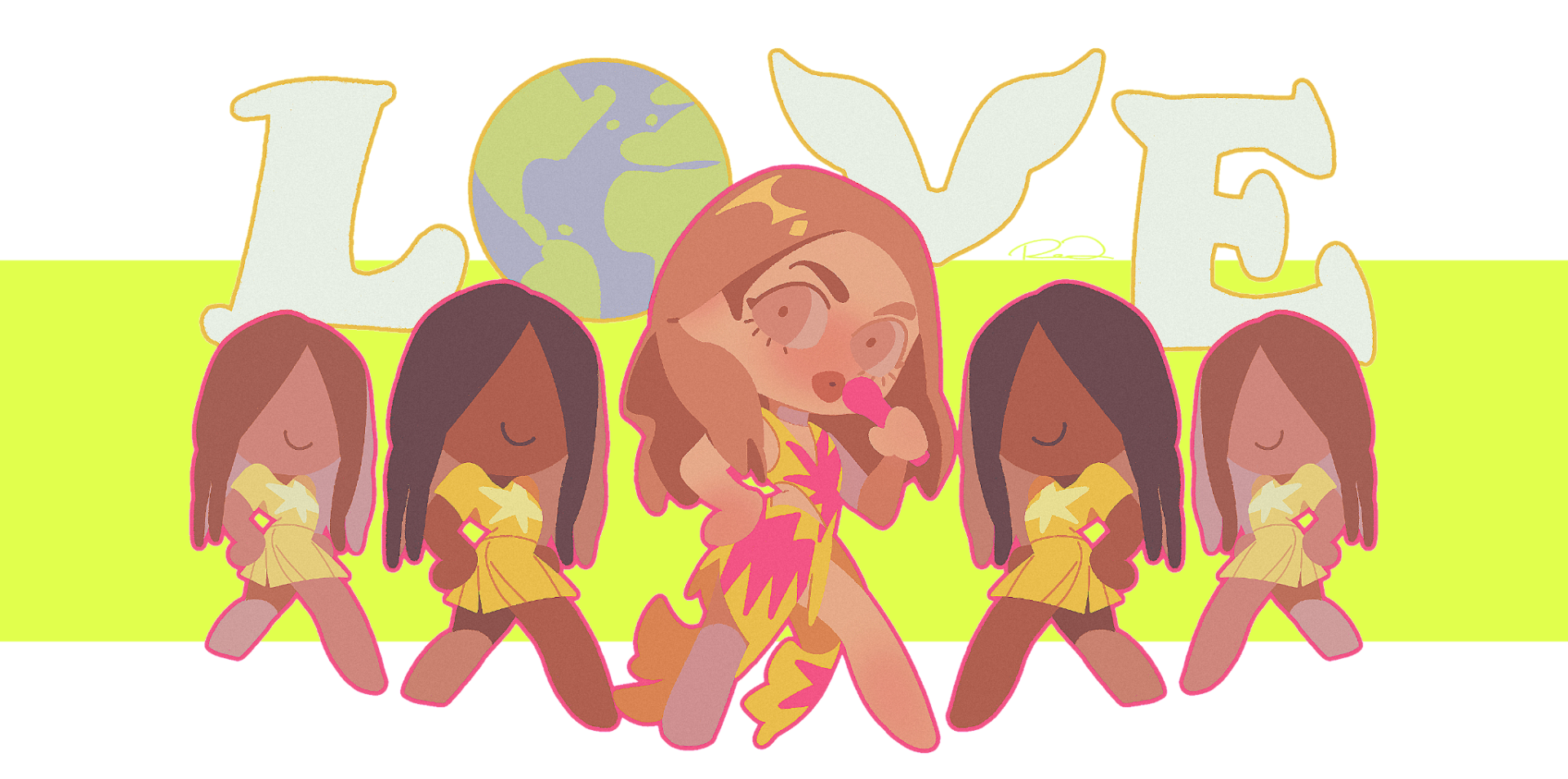 A chibi-style singer (Shakira) stands in the center holding a microphone, flanked by four backup dancers in matching yellow outfits. Behind them, large white letters spell “LOVE,” with the “O” replaced by a globe and white wings above it, all set against a bright lime-green band on a light background.