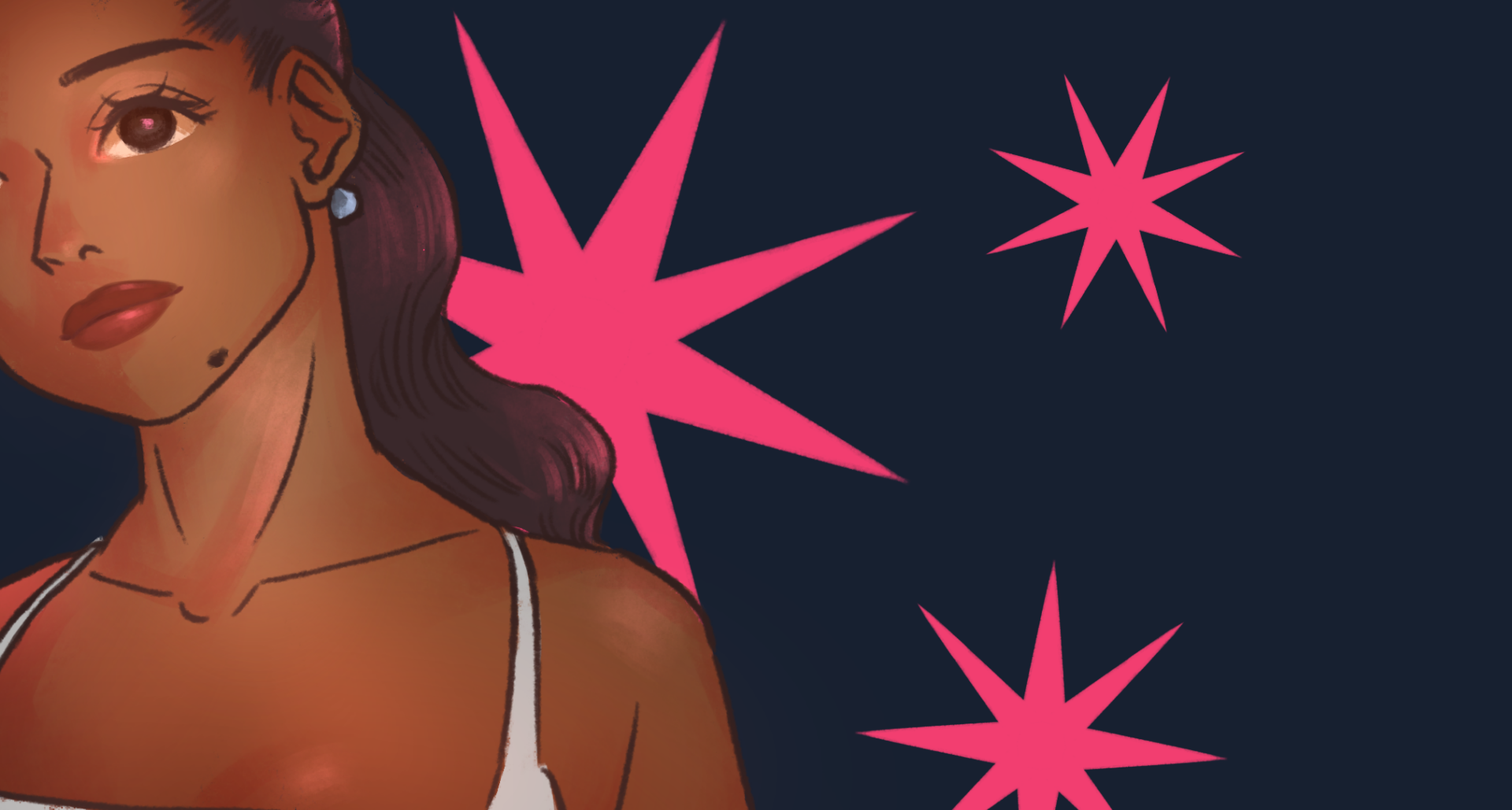 A graphic illustration of Tyla. She is on the left side of the image, wearing a white tank top as she tilts her head out of frame, leaving only one eye visible. Behind her, there is a very dark-blue, almost black background with three pink, eight-point stars.