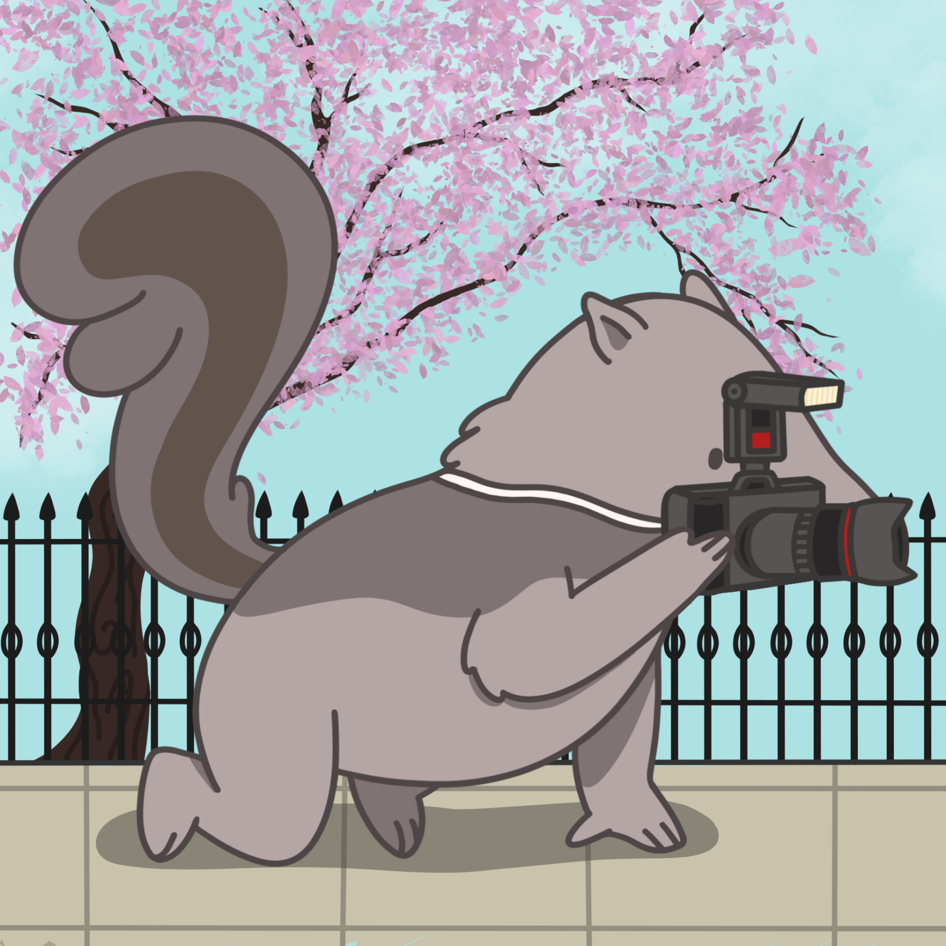 Peter the anteater kneels on the ground while holding a camera with a large photo lens, looking through the viewfinder to take a photograph. Behind Peter is a black metal railing, a blooming pink flower tree, and a light blue sky.