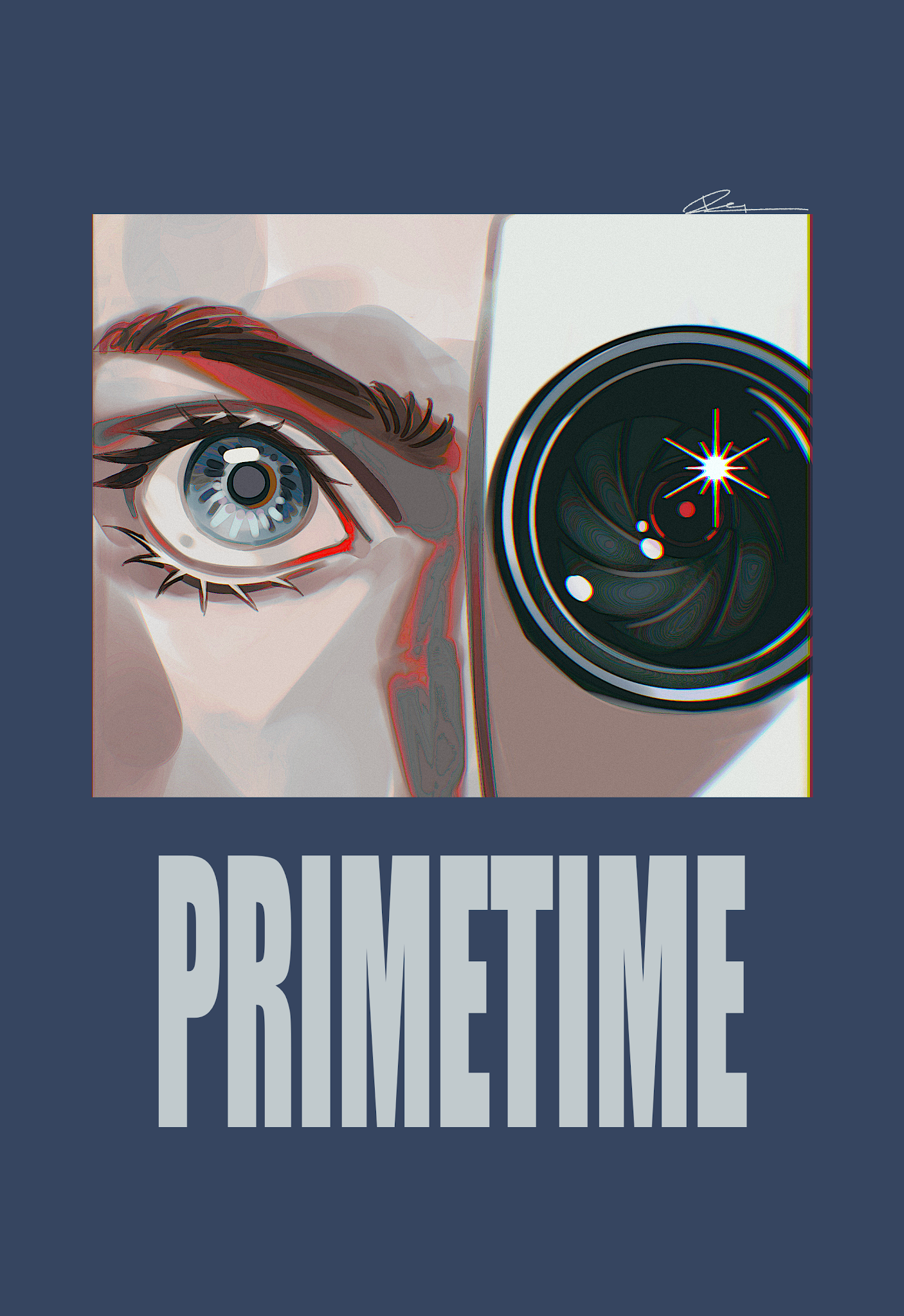 A graphic illustration of closeup eyes — the left eye is blue, while the right eye and side of the face is replaced with the lens of a recording camera. There is a dark blue border around the illustration, with the title 