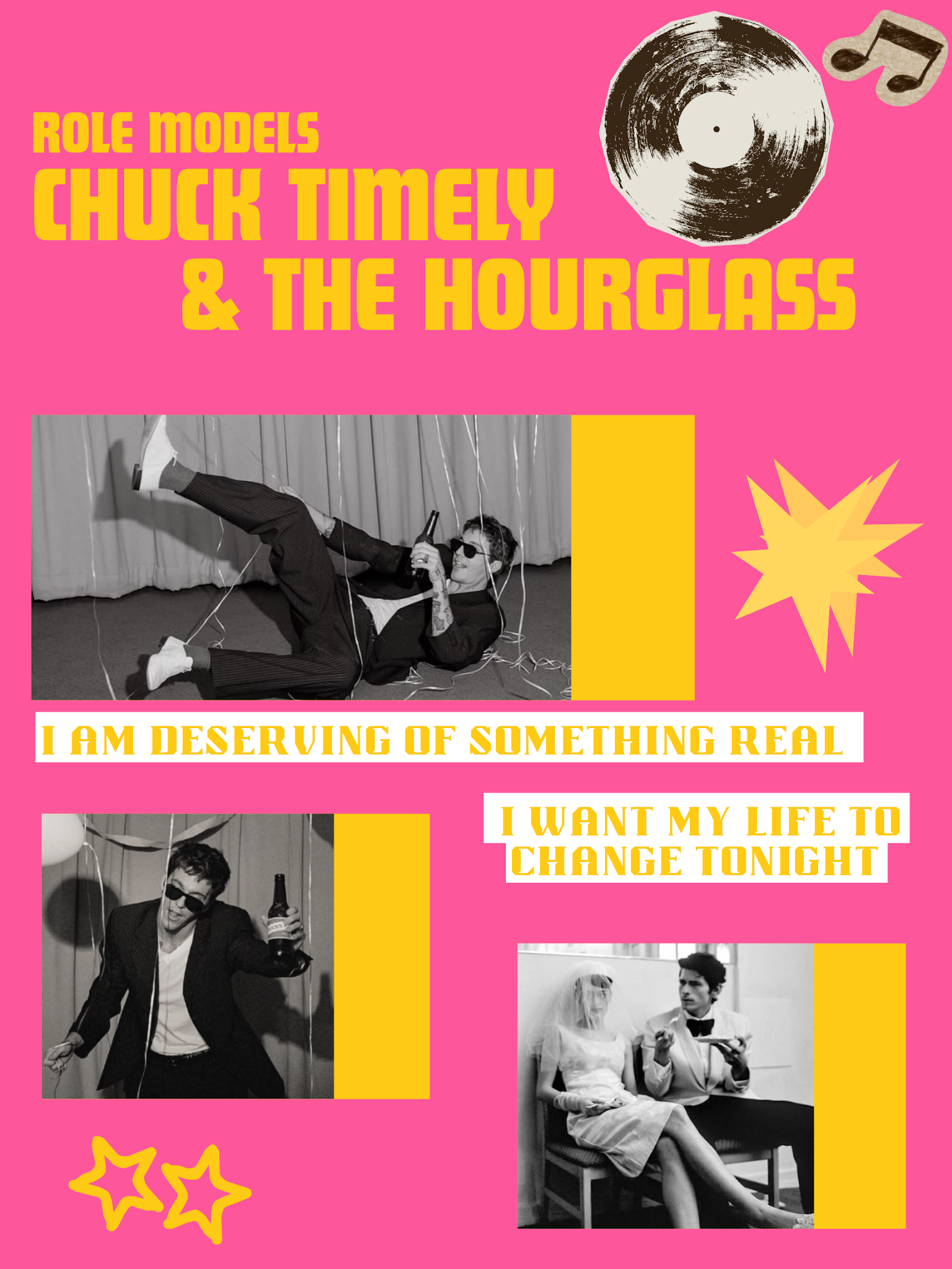A collage of black and white images. One depicts Role Model fallen on the floor with a bottle in hand — surrounded by balloons. In another, he is standing with a bottle, holding it in the air — also surrounded by balloons. The final image shows a married couple sitting together. The background is pink, with yellow text at the top that says 