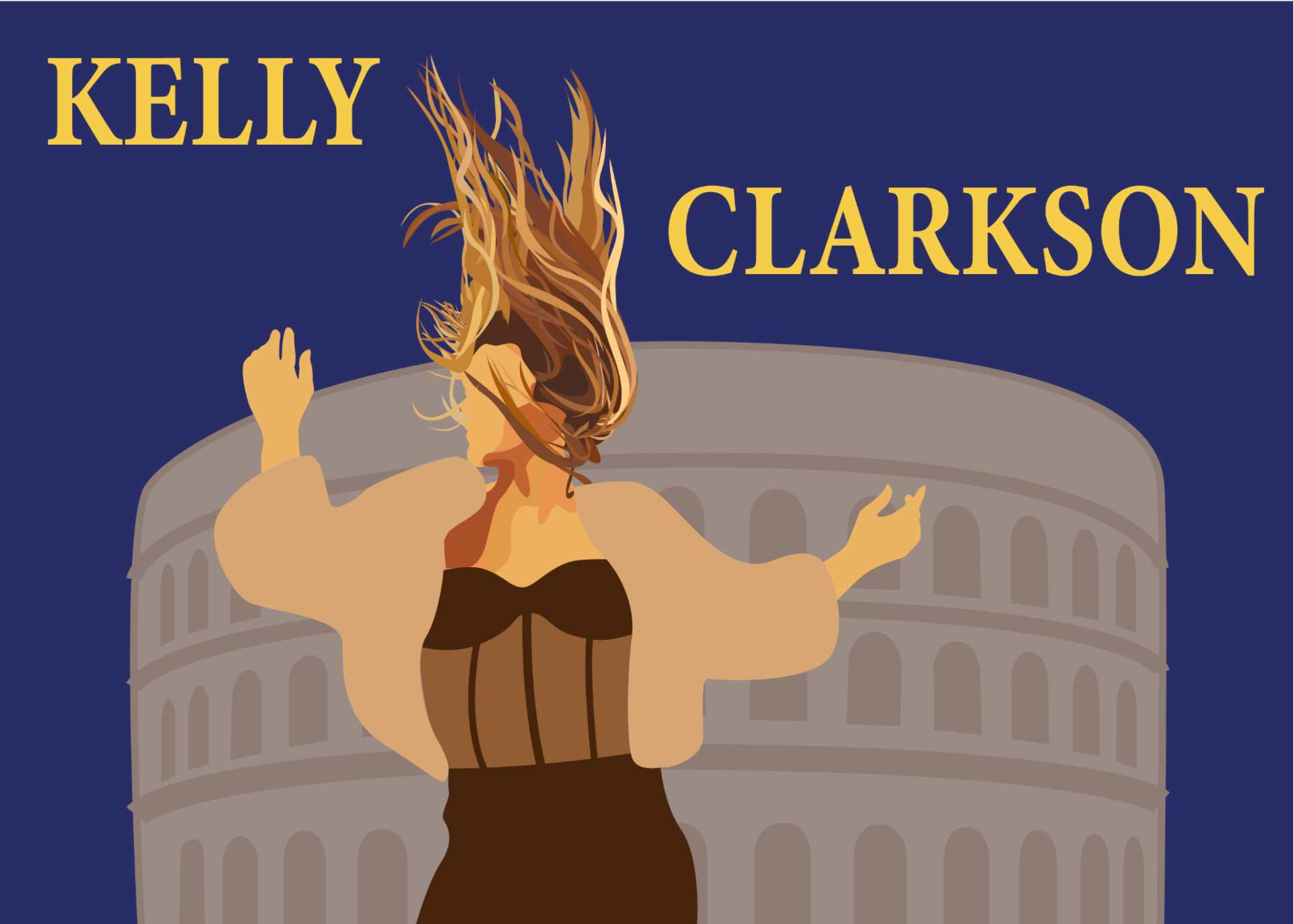 A drawing of Kelly Clarkson with the wind blowing her hair straight up, wearing a peach fur cardigan and black corset jumpsuit. The background is the Colosseum in Las Vegas over a blue background, with the words “Kelly Clarkson” at the top.