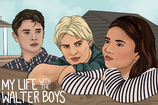 A cartoon style illustration of three young people from My Life With The Walter Boys leaning together against a wooden fence. On the left, a young man with short brown hair wears a plaid shirt and looks toward the others. In the center, a smiling blonde young man wears a dark teal shirt. He rests his head slightly to the side on his crossed arms over the fence while looking toward the young woman beside him. On the right, closest to the viewer, a young woman with long dark hair wears a navy and white striped shirt. She smiles while looking into the distance with her arms crossed on top of the fence. Behind them is a light blue cloudy sky, with part of a porch visible along the left side and a brown wooden building behind the blonde man and young woman. The title of the show appears in large white lettering in the bottom left corner.
