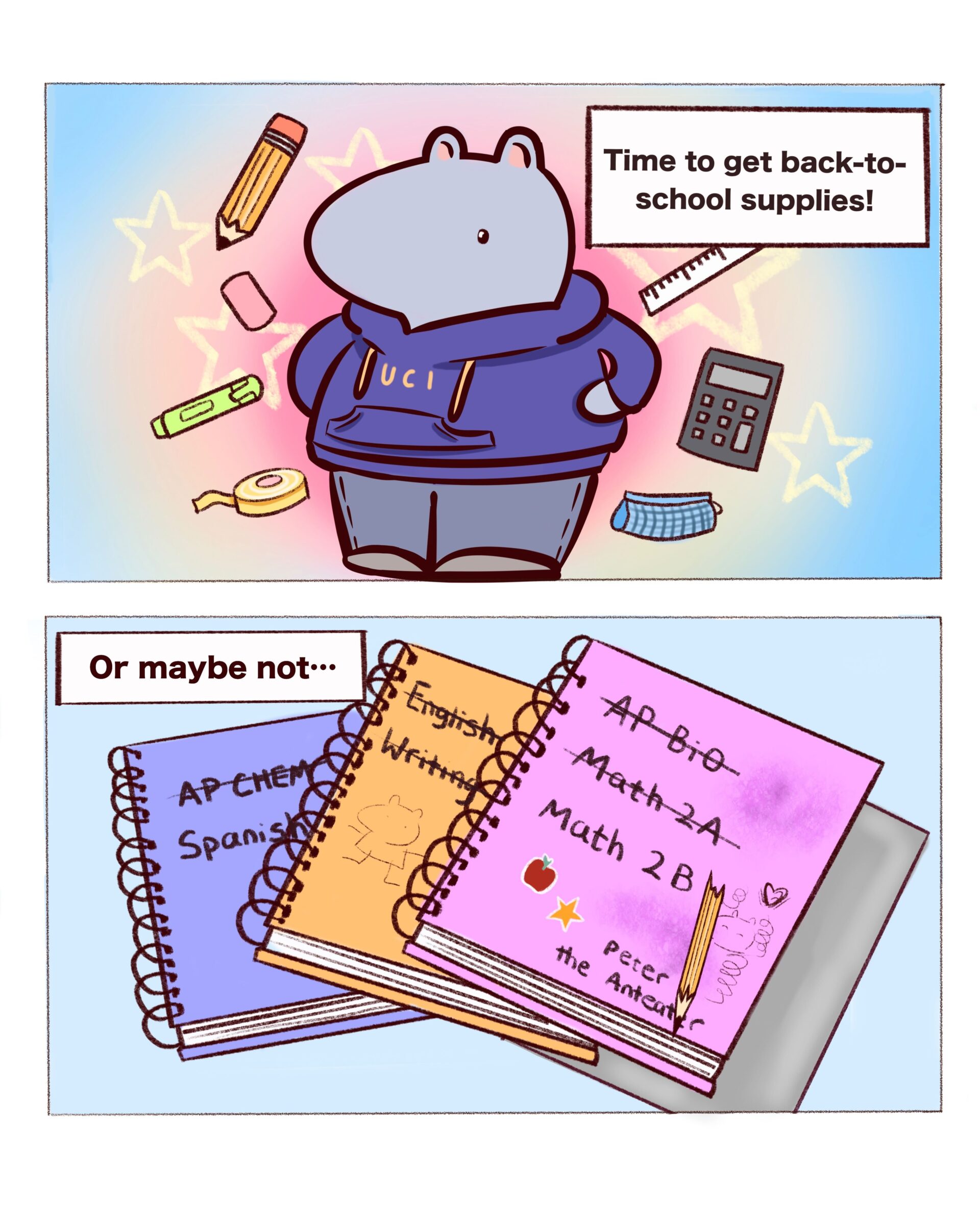 A two panel comic. The top panel shows Peter the Anteater in a navy UCI hoodie with different school supplies surrounding him. The caption reads 