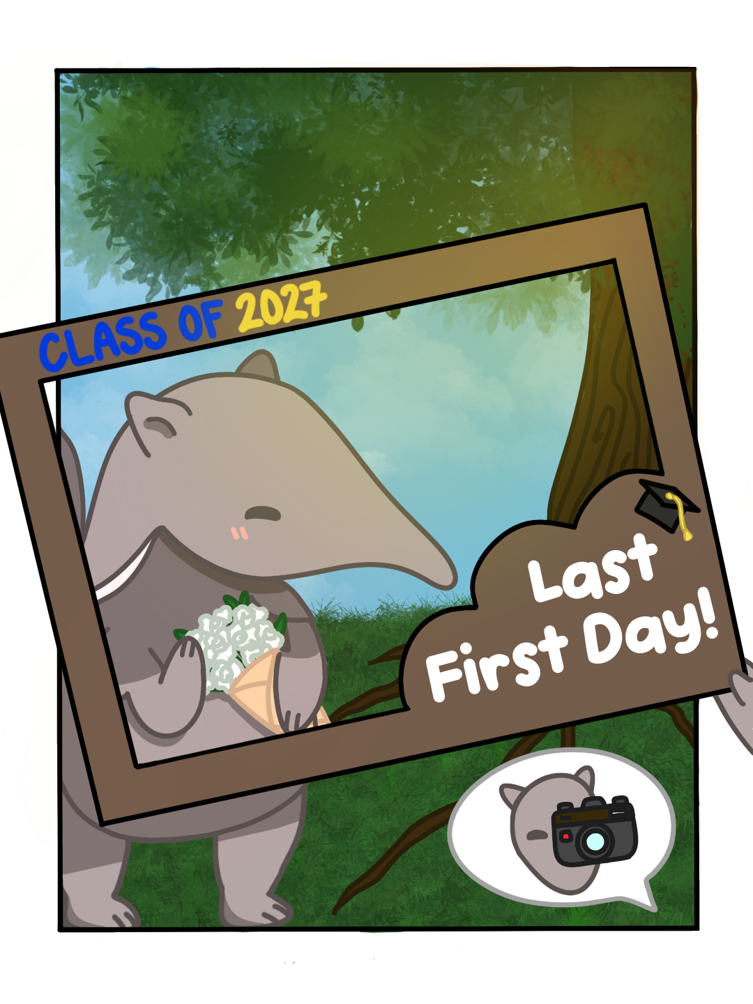 An illustration of Peter the Anteater holding a bouquet of white flowers while standing in front of a large brown picture frame. The frame features the words 