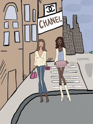 Two women standing on the street infront of the Chanel building showing their outfits.