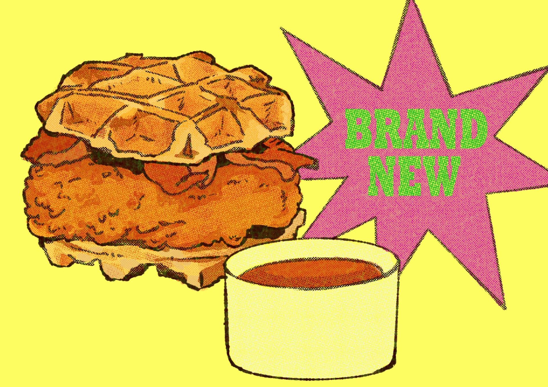 An illustration of Chick-Fil-A's Chicken and Waffles sandwich, with a small dish of syrup right next to it. The background is yellow, with a pink irregular star next to the sandwich. The text inside the star reads 
