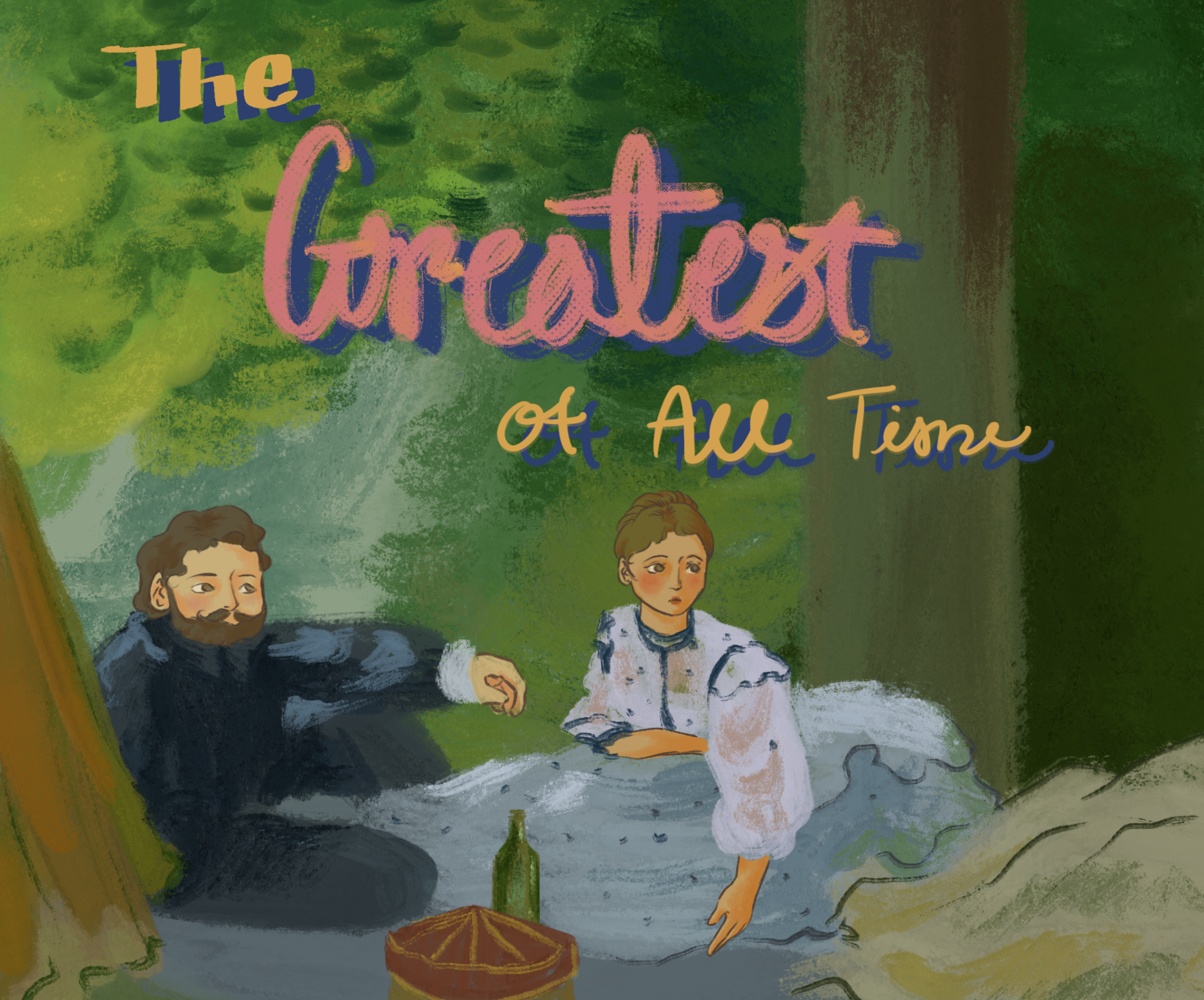 An illustration with the look of a painting, with a bearded man and a woman in a dress sitting in nature. At the top of the image, their is text reading 
