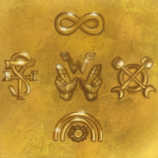 An illustrated version of Weezer’s The Gold Album cover featuring five gold symbols arranged in a compass-like formation against a textured golden background. In the center it has the iconic Weezer logo above two hands making a ‘W’ sign. The surrounding symbols are believed to represent the band’s four members. Highlights and shadows throughout the symbols create a shiny appearance.