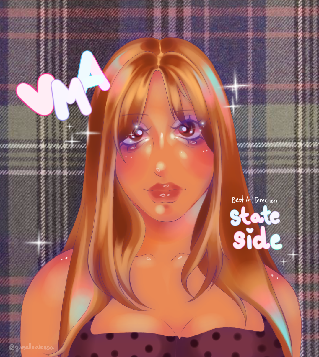 Headshot of artist PinkPantheress over a plaid tartan background of the word “VMA’s!”