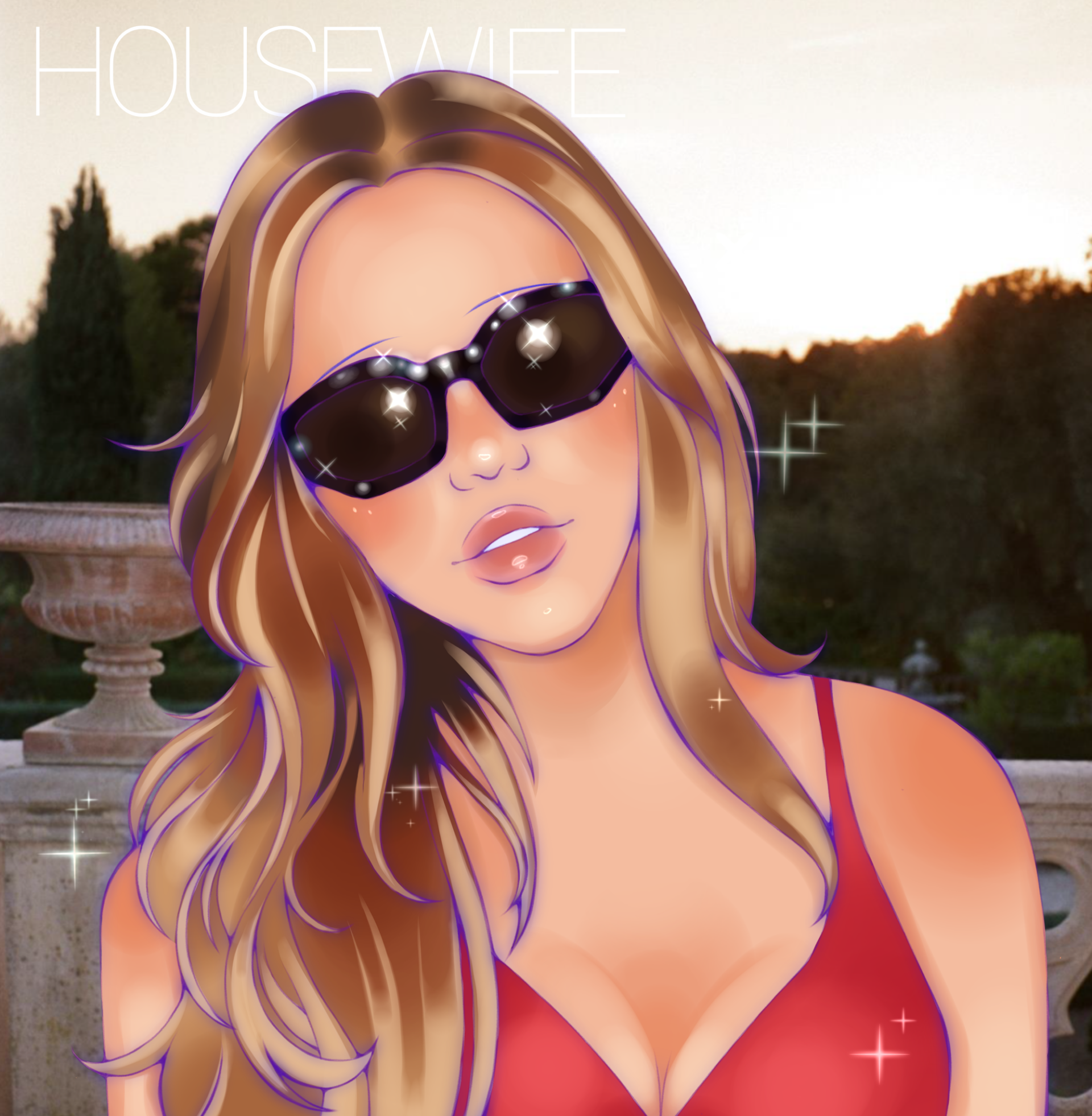 Graphic of a woman in black sunglasses looking towards us with a pouty sort of face, and a fancy patio, forest-like background.
