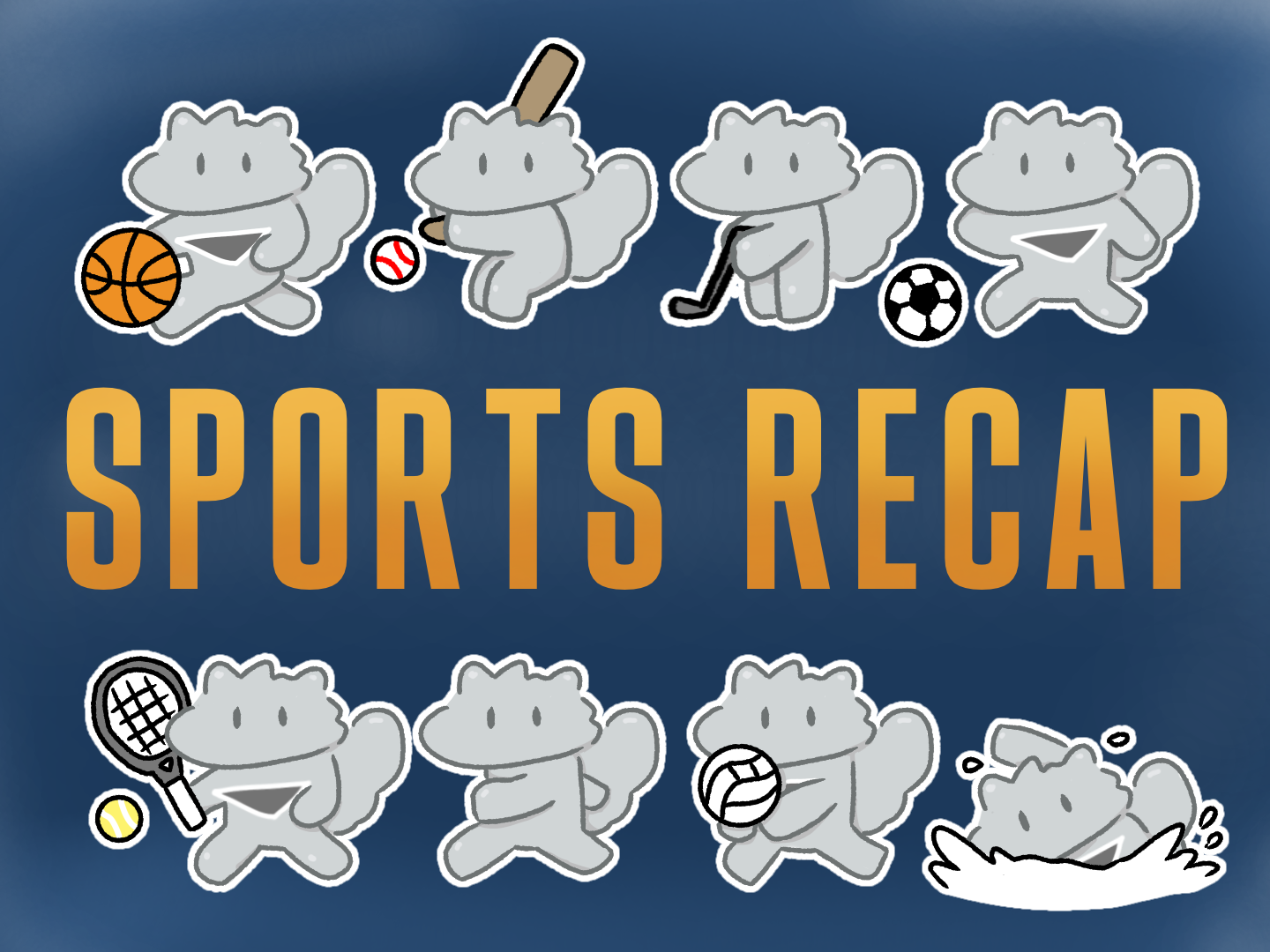 Animated Anteaters in top and bottom rows all representing different sports with the words 