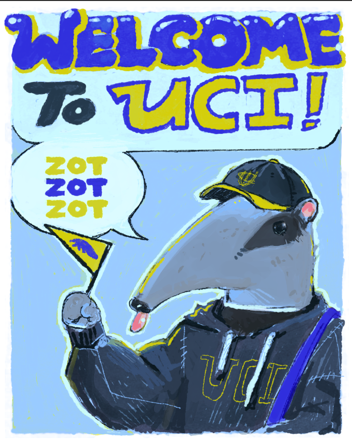 A gray anthropomorphic anteater is wearing a dark gray hat with a yellow brim and a dark gray hoodie, both of which have UCI embroidered in yellow on them. The background of the drawing is a solid light blue surrounded by a thin black outline and a white border. There are two light blue speech bubbles coming from the anteater with 