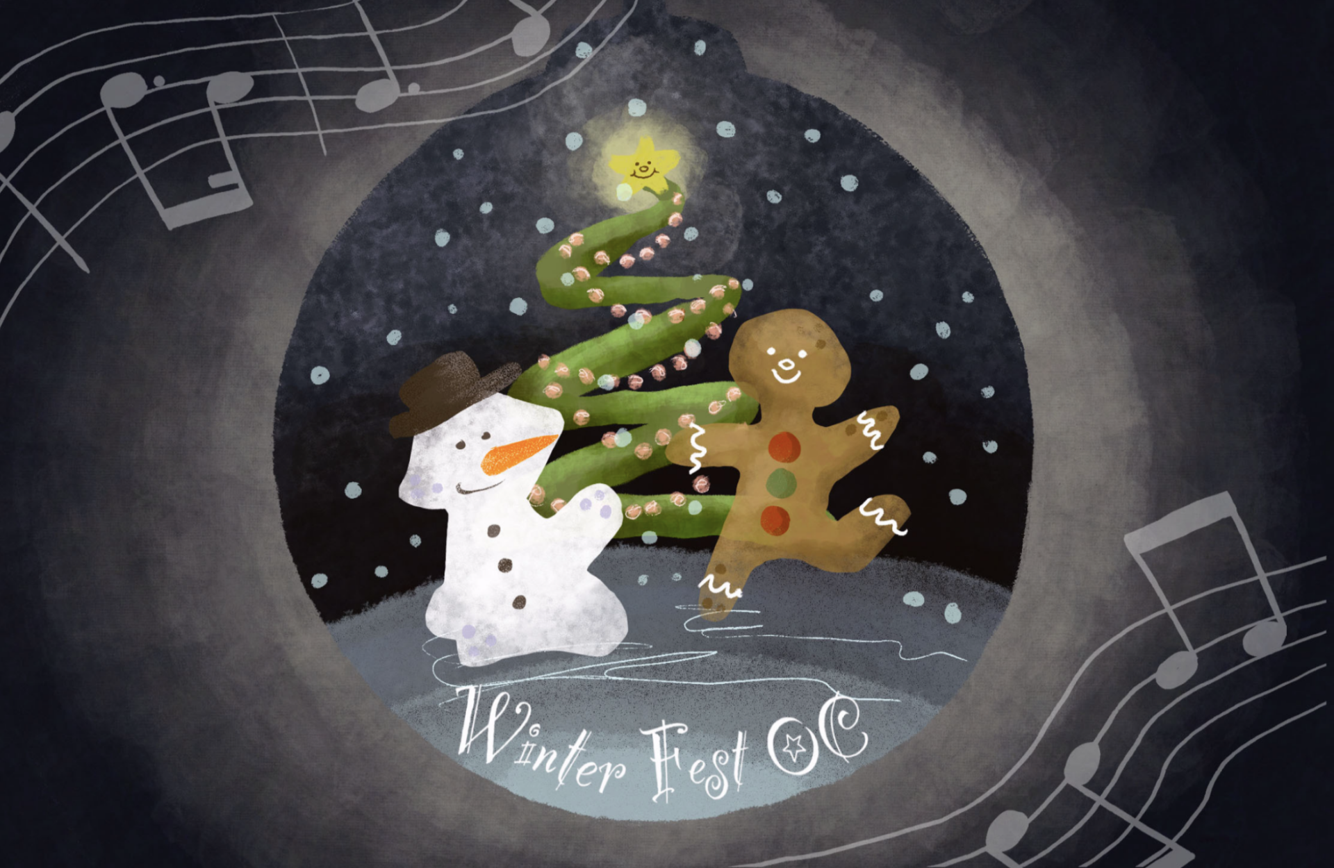 Illustrated snow globe showing a snowman and gingerbread man dancing beside a Christmas tree, with music notes and “Winter Fest OC” lettering.