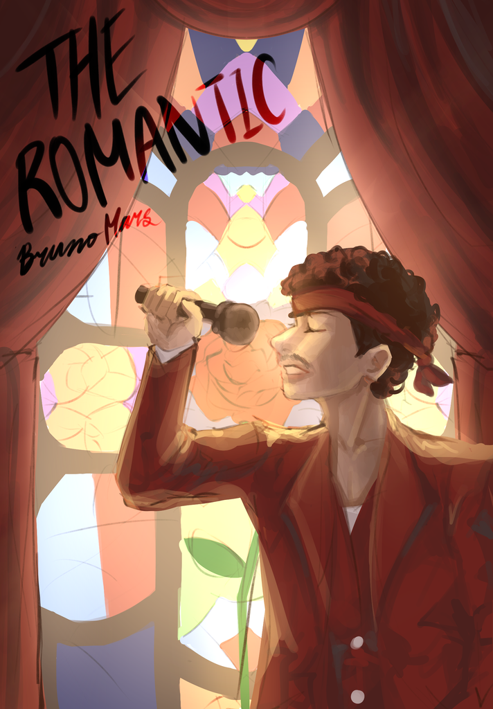 A graphic of singer Bruno Mars in a red blazer with golden buttons and a red bandana; he is holding a mic up to his mouth as he sings in front of a stained glass window with dark red curtains. 