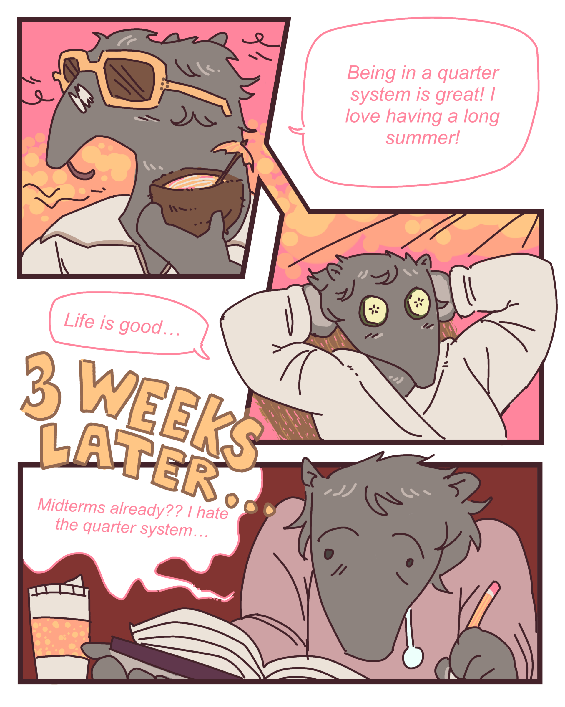 A three panel comic of a cartoon anteater about the quarter system. The first and second panels show the anteater enjoying summer, drinking from a coconut and relaxing at the spa, captioned 
