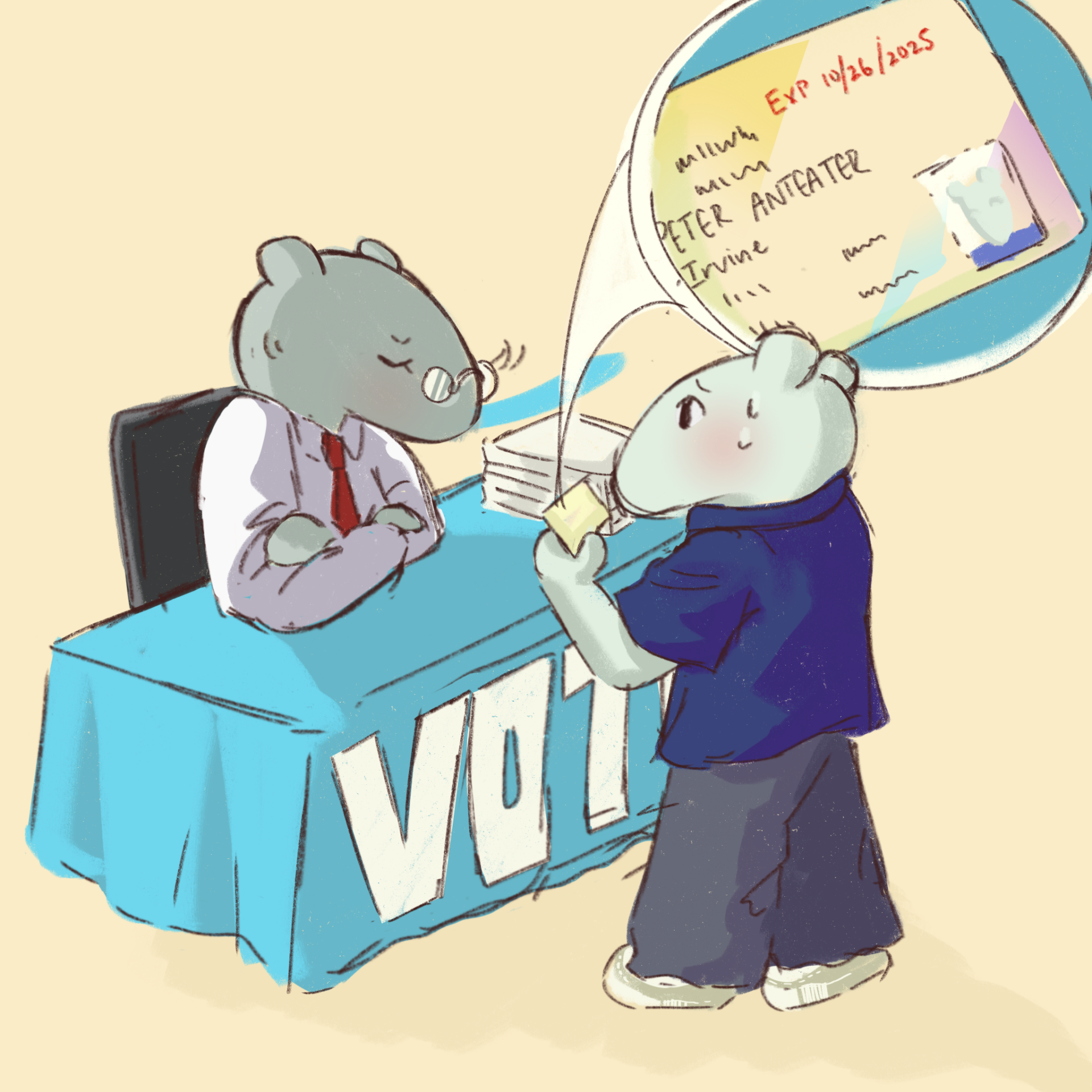 An anteater official wearing a white dress shirt with a red tie shaking his head looking frustrated. While he is sitting at a light blue booth with the words 