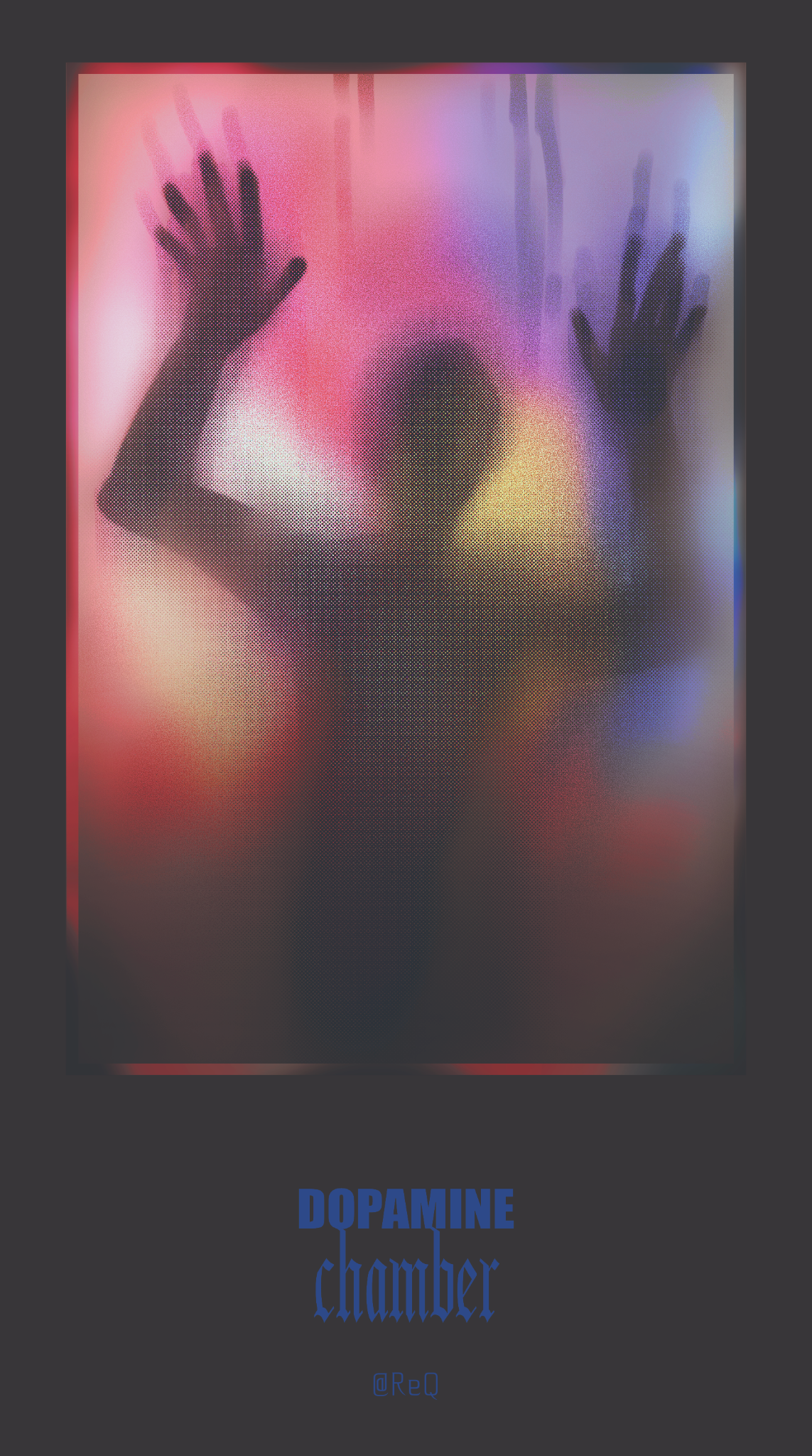 A dark, shadowy human silhouette stands behind a frosted glass panel, pressing both hands against its surface. Blurred neon lights in shades of pink, purple, blue and yellow illuminate the glass, partially obscuring the figure. The image is framed against a dark gray background, with the words “DOPAMINE chamber” displayed in blue lettering below.