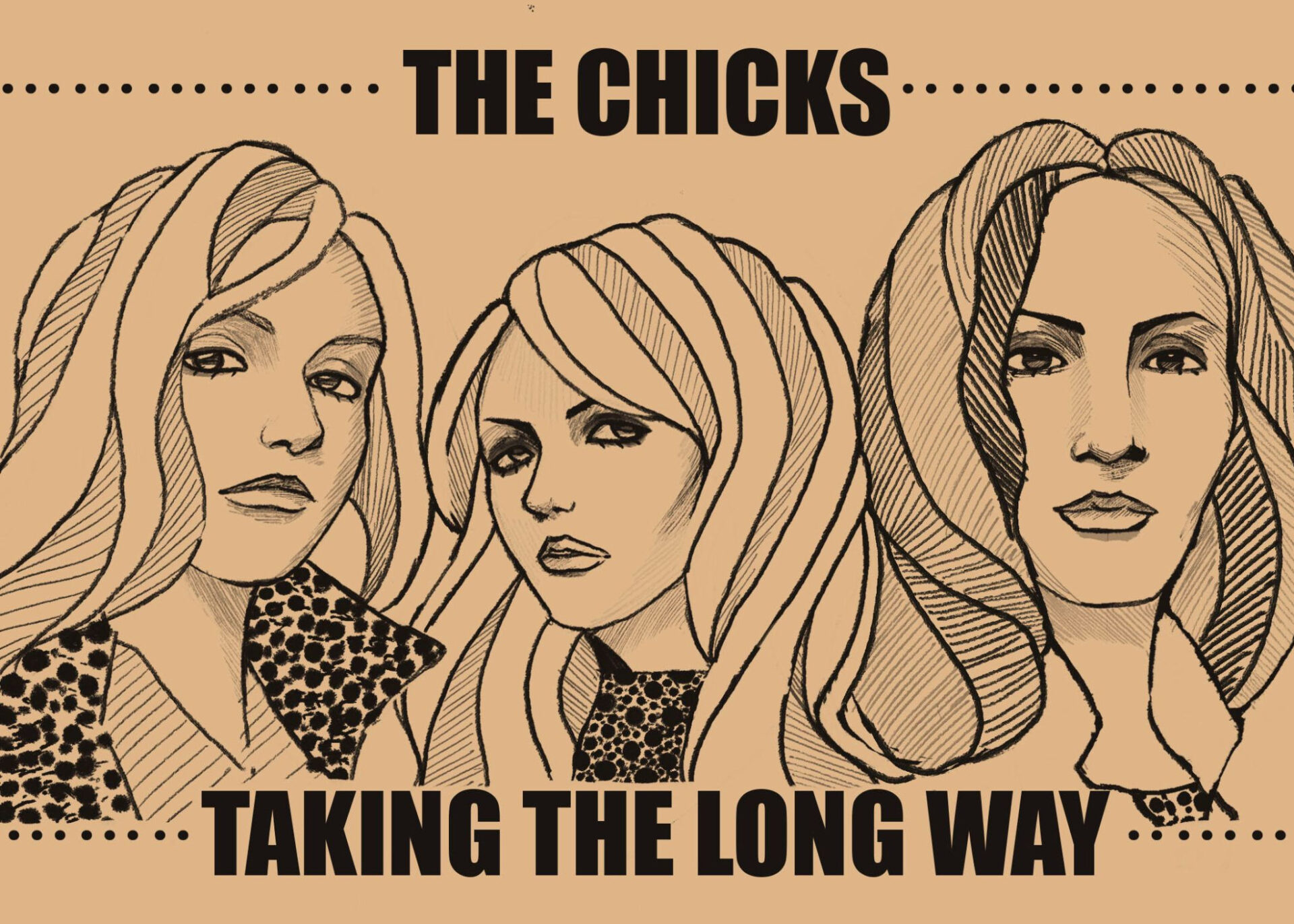 A graphic depicting the three members of The Chicks: Martie Maguire, left, Natalie Maines, center, and Emily Strayer posed together to commemorate the 20th anniversary of their album, “Taking the Long Way.”