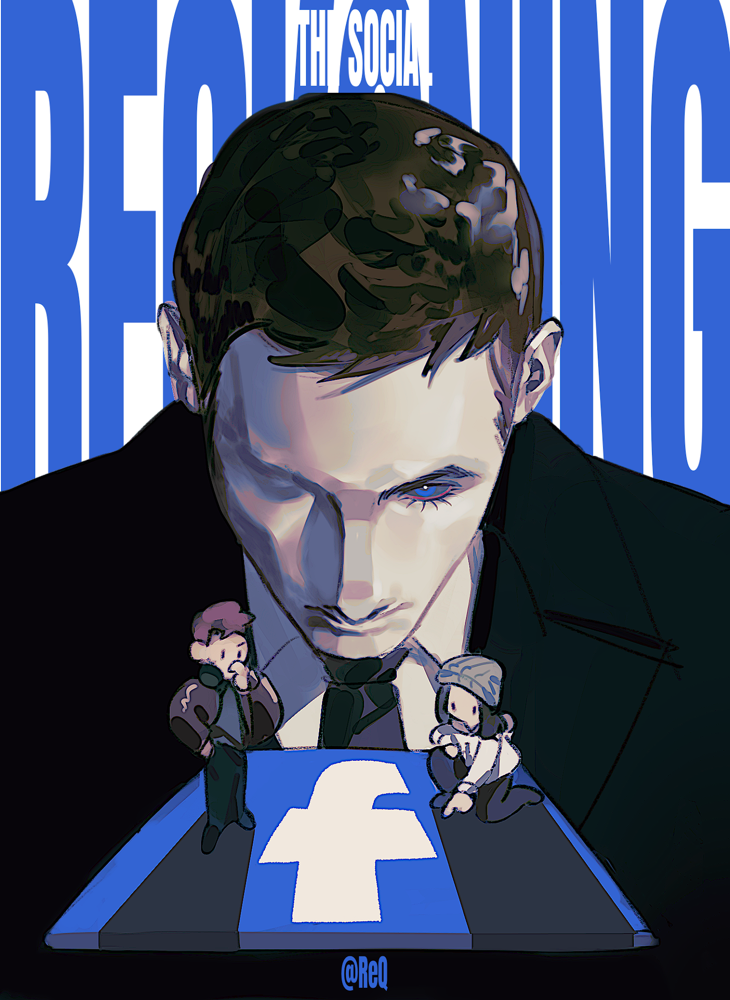 A stylized illustration of Mark Zuckerberg in a dark suit, looming over two tiny journalists standing on a large Facebook logo. Zuckerberg looks down at them with an intimidating expression, while the journalists appear vulnerable beneath his enormous figure. Bold blue and white typography spelling “The Social Reckoning” fills the background.