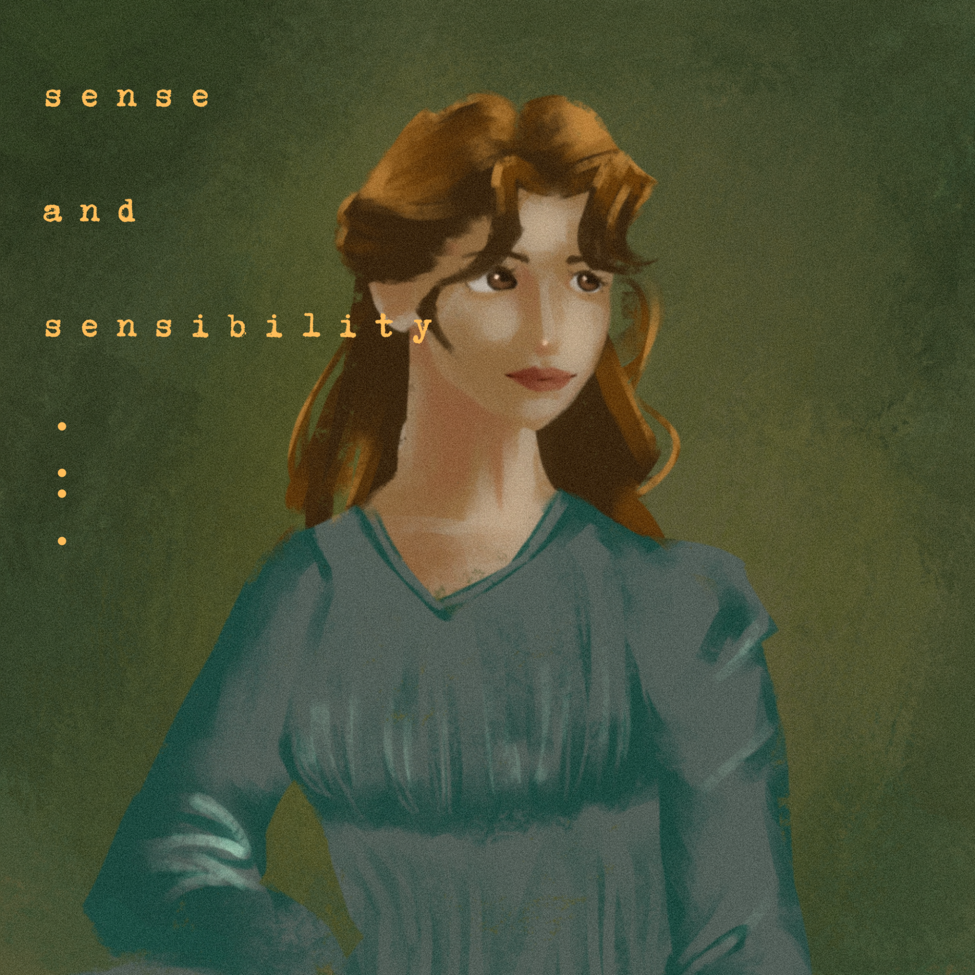 A portrait of Daisy Edgar Jones as Elinor Dashwood. She stands alone in front of a dark green background.