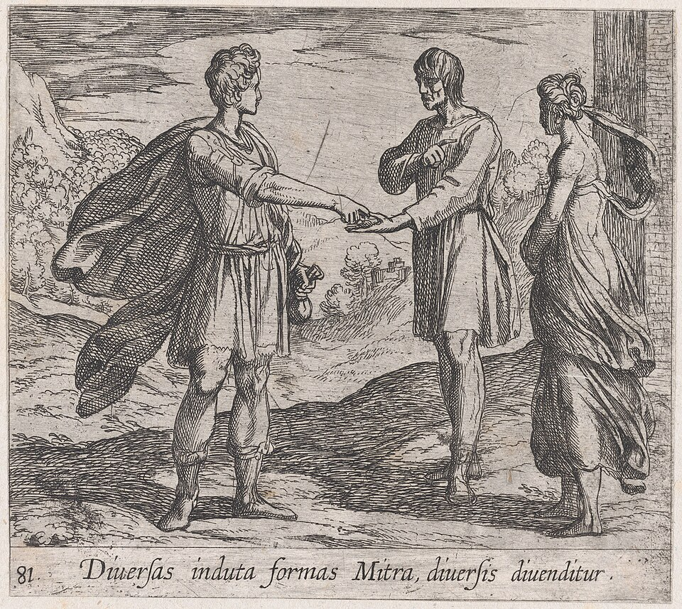 A black and white etching of Erysichthon passing money to another man. The man taking the money has Mestra to his right, who is blindfolded and has tied hands.