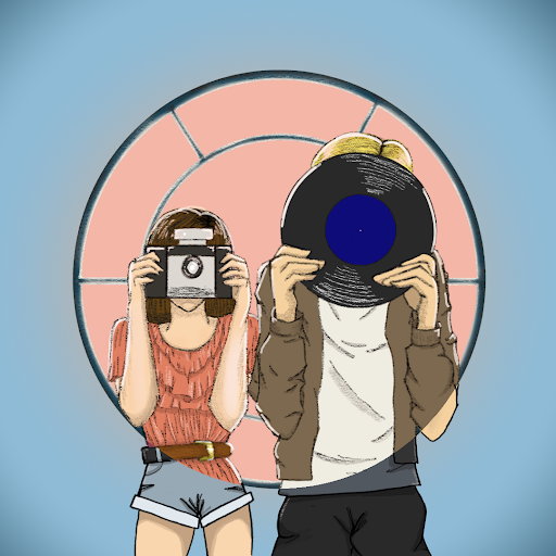 Graphic of two people standing in front of a large circular pink window against a blue background. The person on the left is holding a camera over their face while the person on the right is holding a vinyl record over their face.