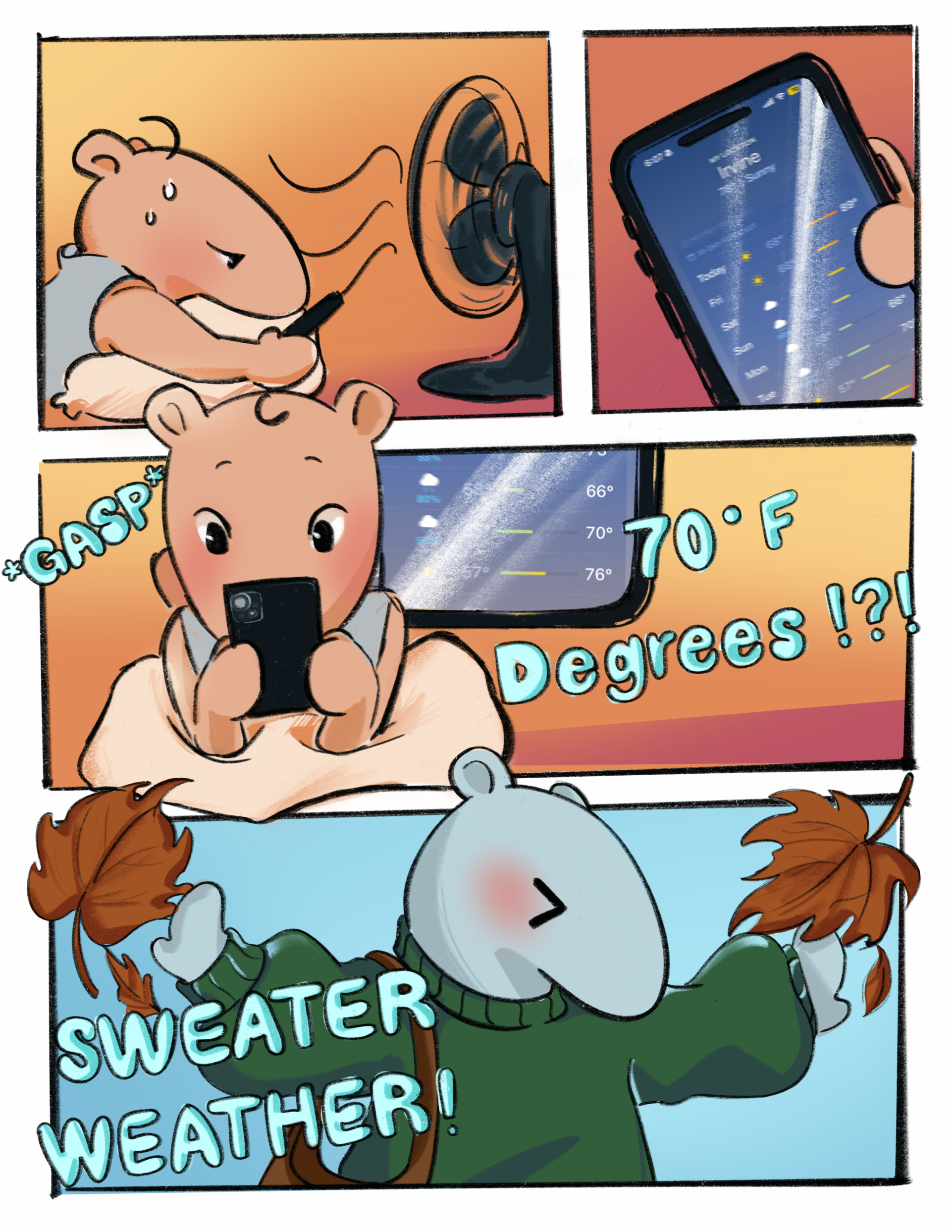 A four panel cartoon comic with Peter the Anteater relaxing in front of a fan due to the heat. While using his phone, looking at the weather app, he realizes the weather will go down. With blue bubble text around him wording out, 